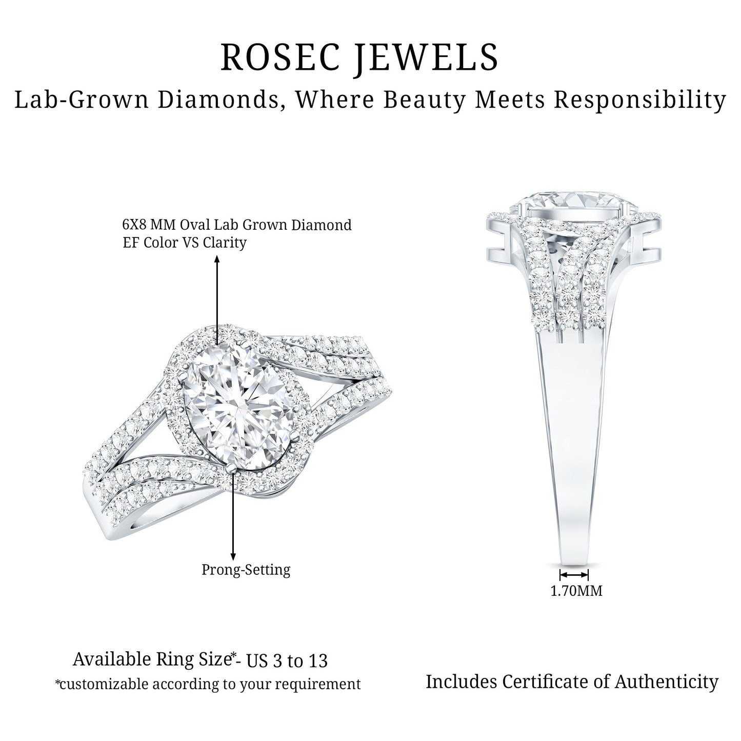 Certified 6X8 MM Oval Lab Grown Diamond Split Shank Engagement Ring