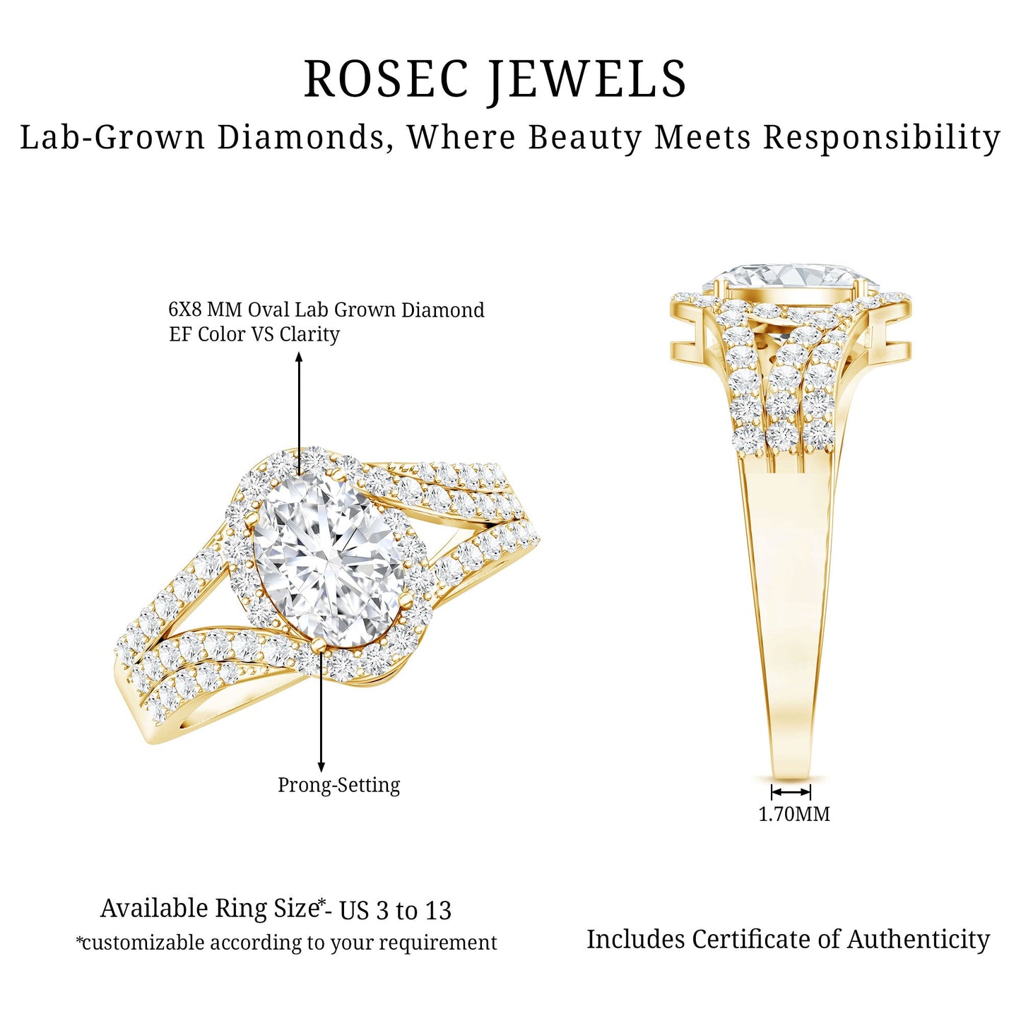 Certified 6X8 MM Oval Lab Grown Diamond Split Shank Engagement Ring