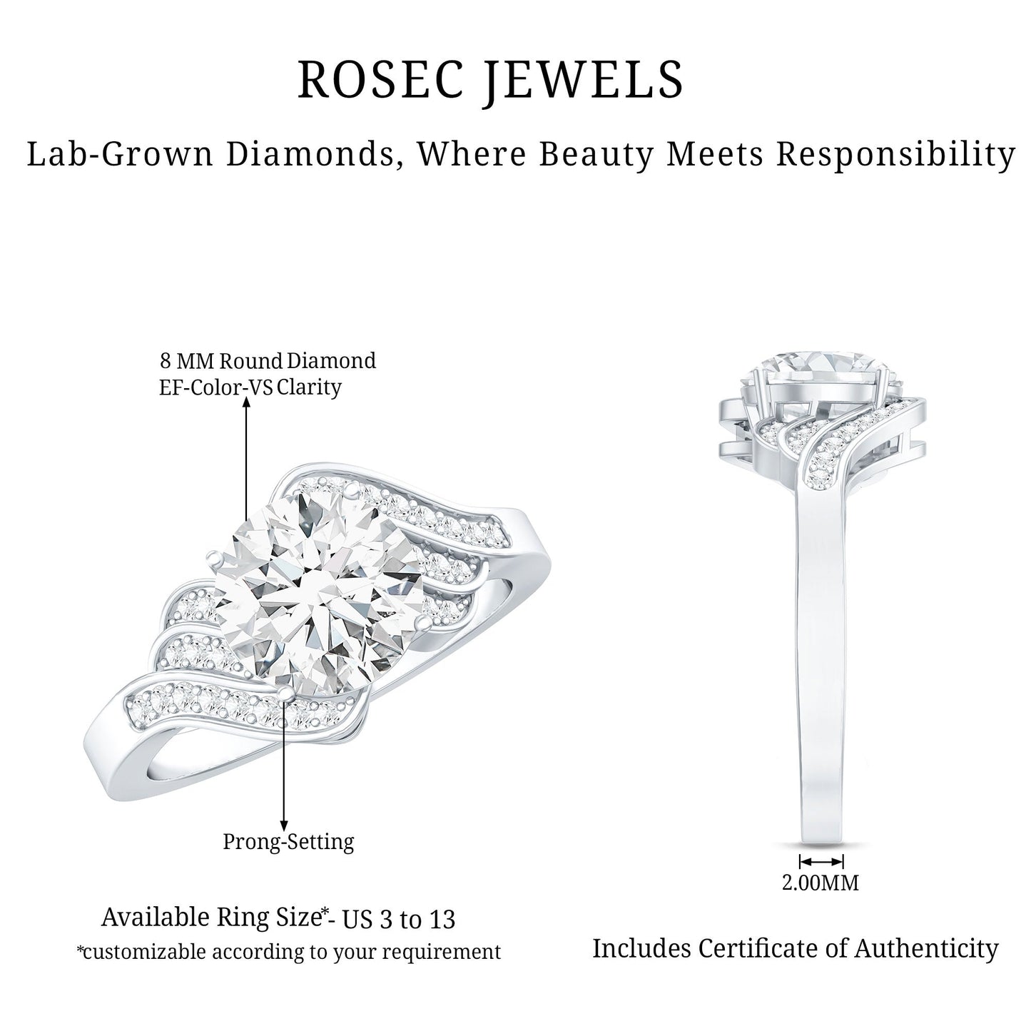Certified 8 MM Lab Grown Diamond Unique Engagement Ring