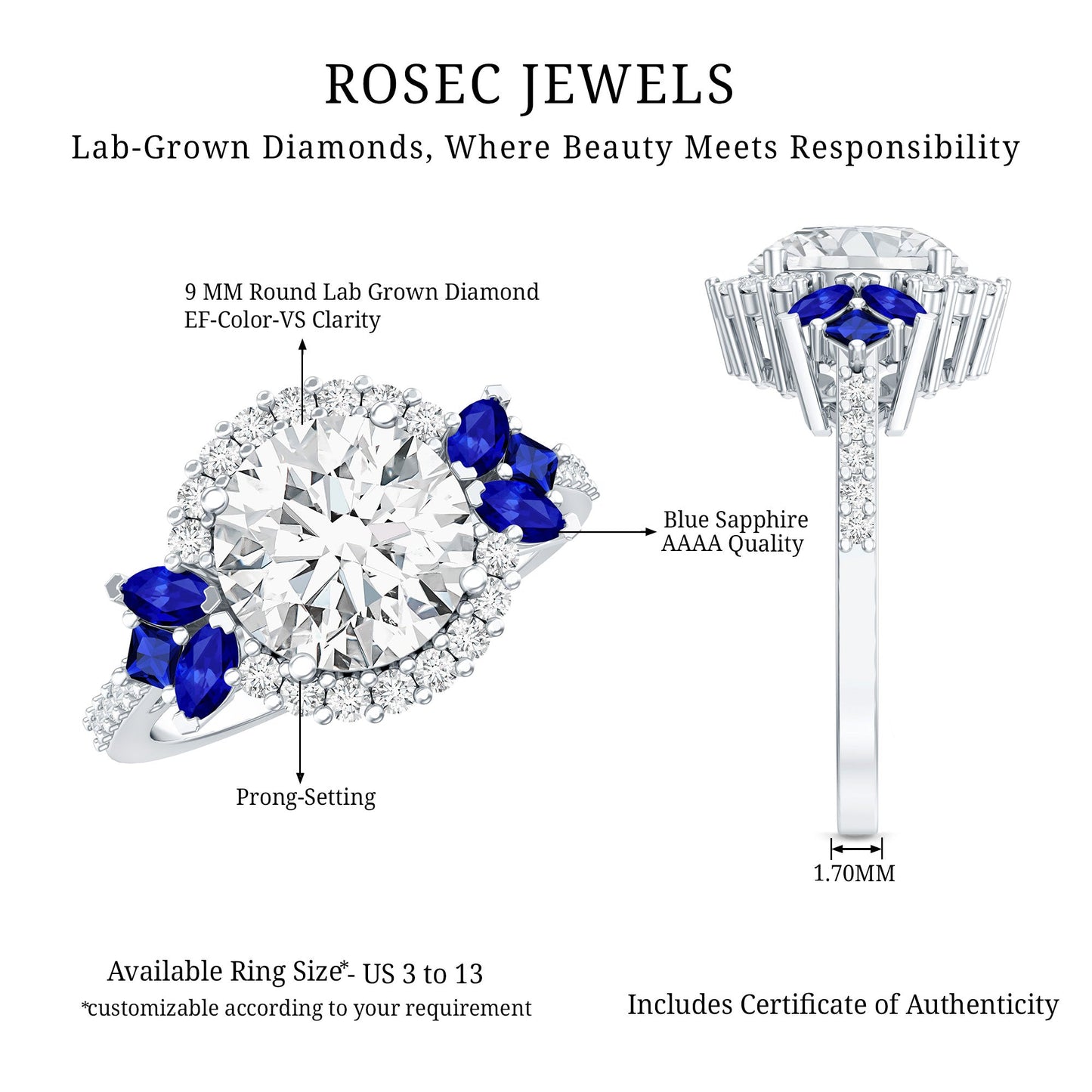 9 mm Lab Grown Diamond Halo Engagement Ring With Blue Sapphire