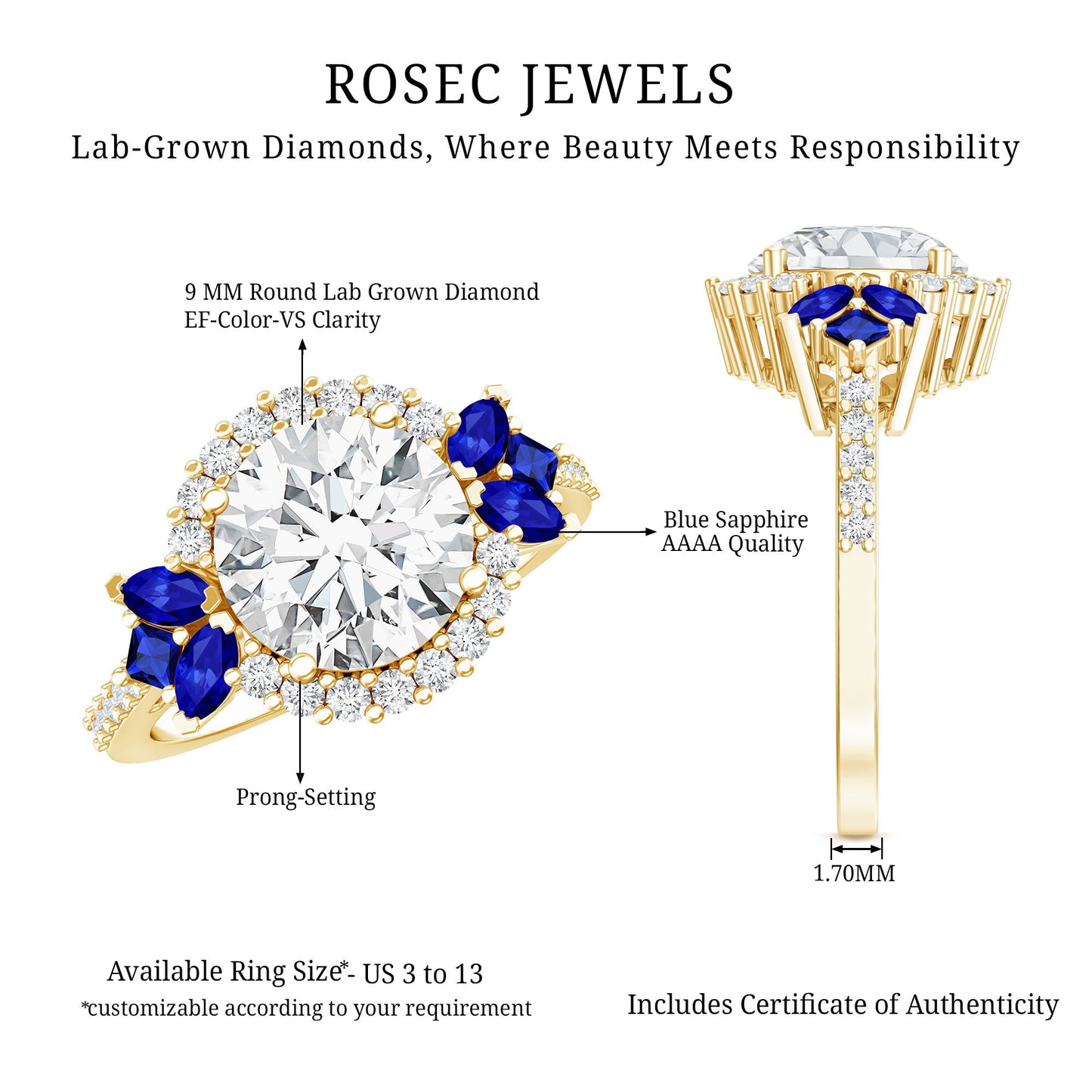 9 mm Lab Grown Diamond Halo Engagement Ring With Blue Sapphire