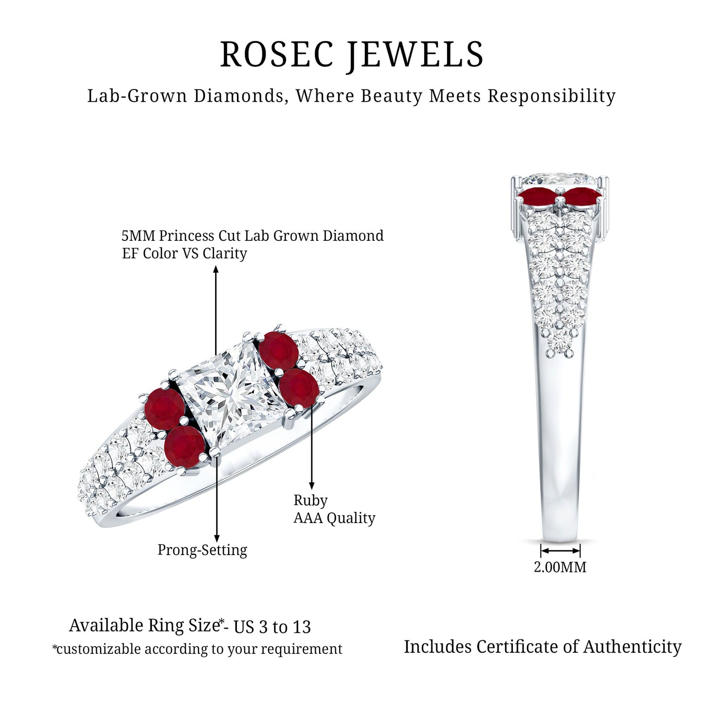 Lab Grown Diamond 5 MM Princess Cut Engagement Ring With Ruby