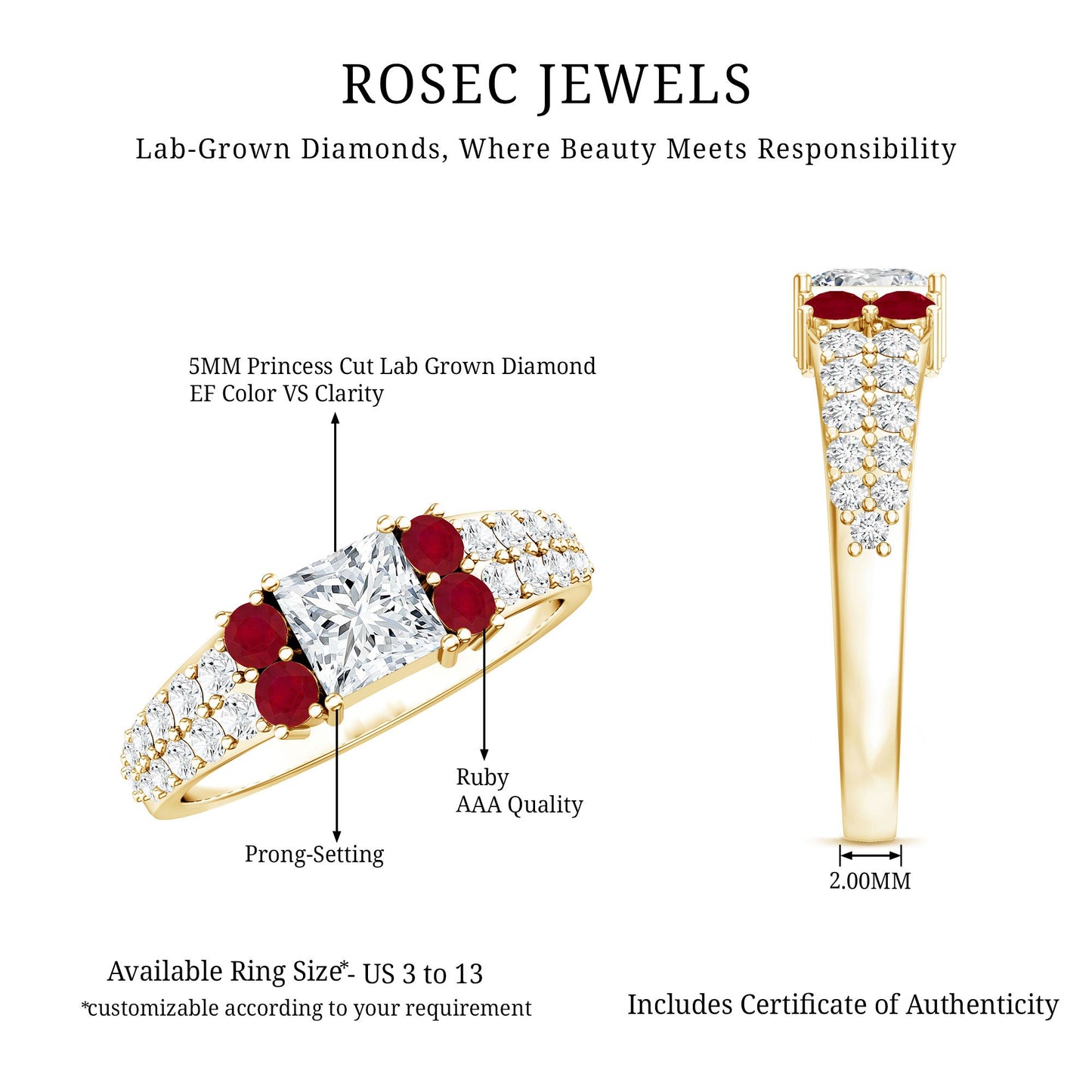 Lab Grown Diamond 5 MM Princess Cut Engagement Ring With Ruby