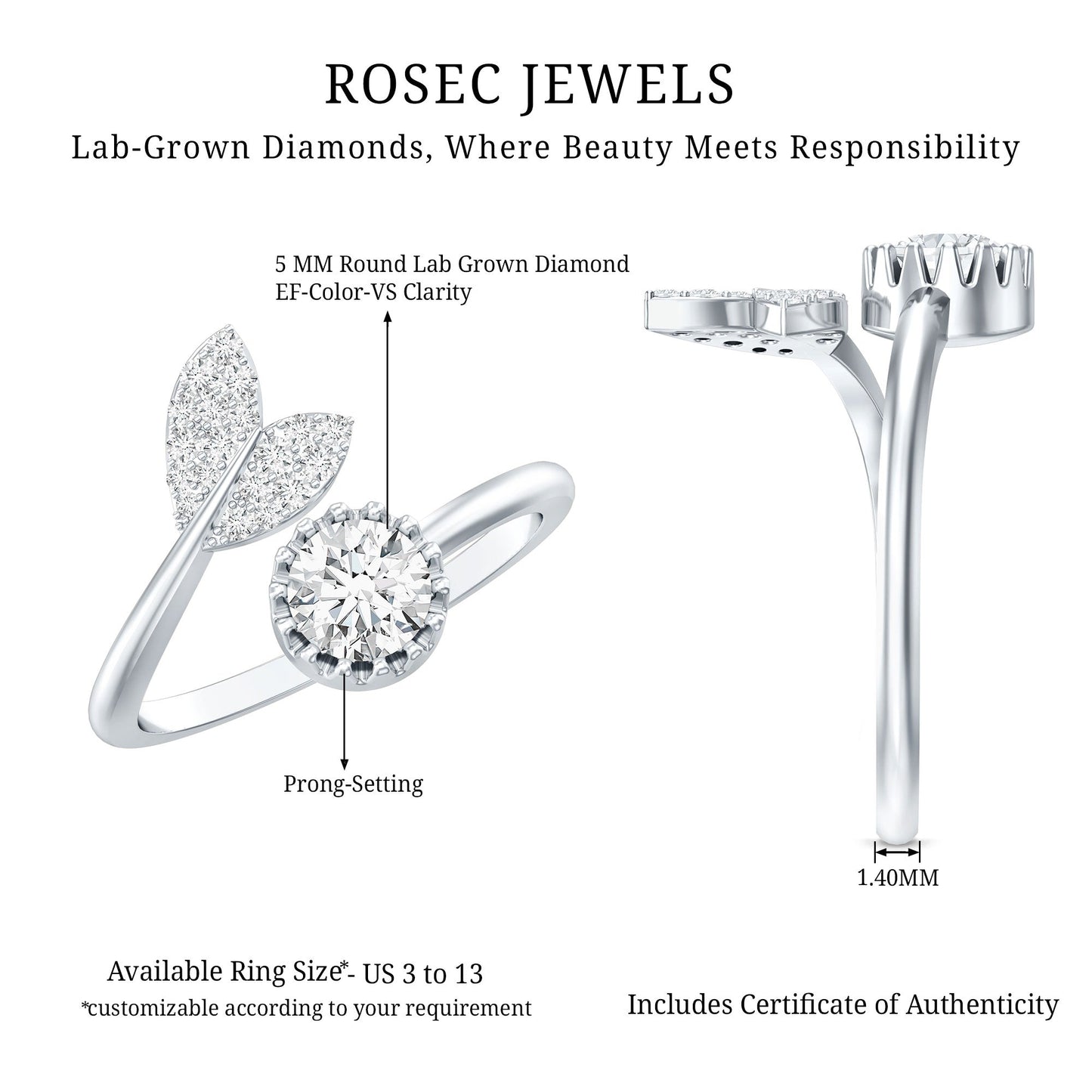 Certified 5 MM Round Lab Grown Diamond Tail Cuff Ring
