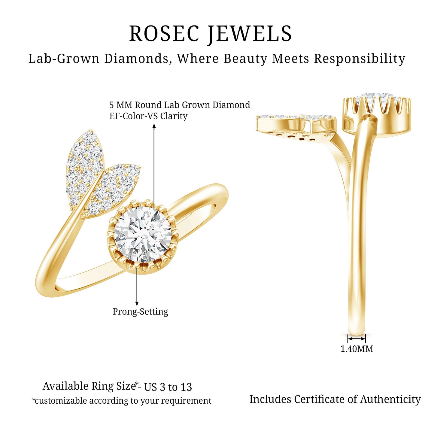 Certified 5 MM Round Lab Grown Diamond Tail Cuff Ring