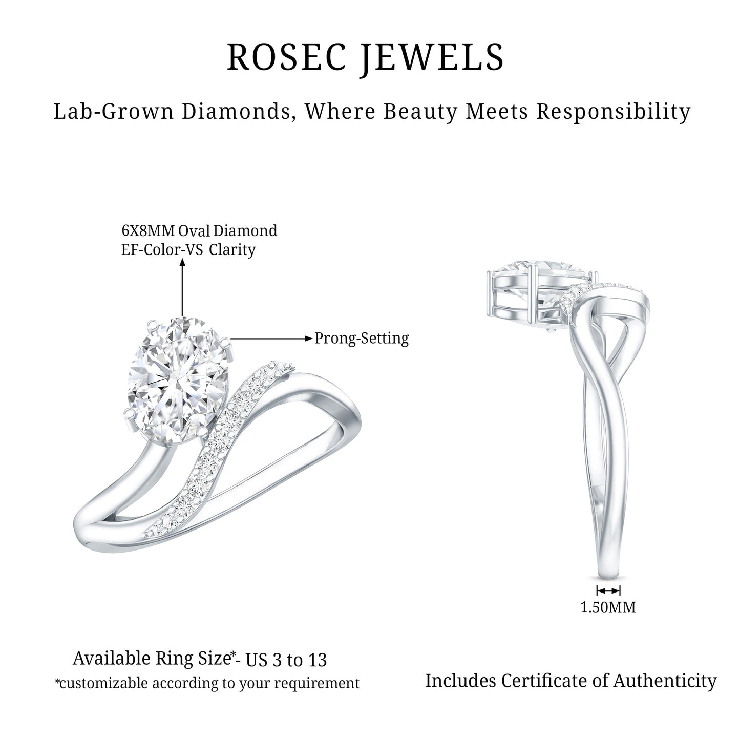 Certified Lab Grown Diamond 6X8 MM Oval Engagement Ring For Women