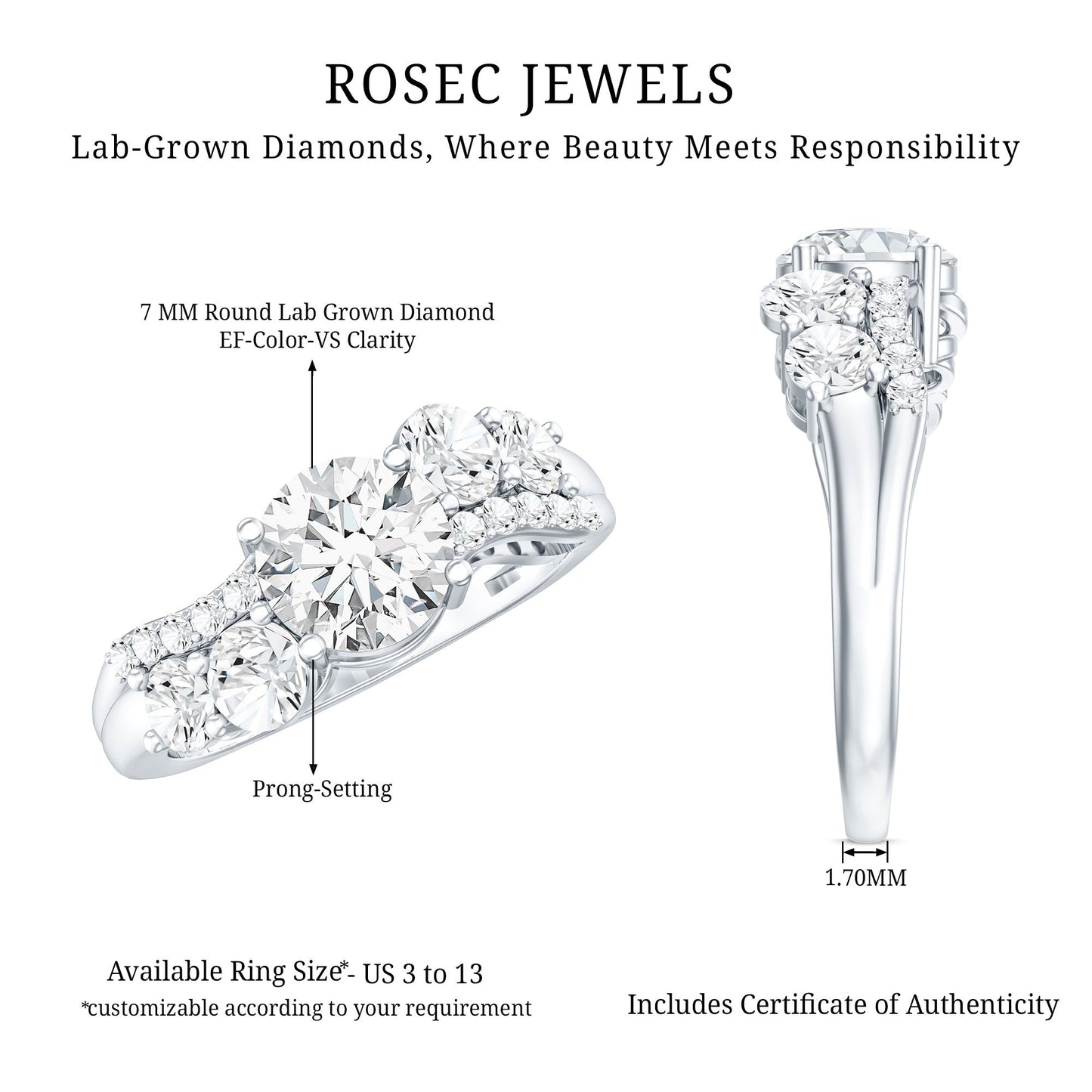 Certified Lab 7 MM Round Diamond Designer Engagement Ring