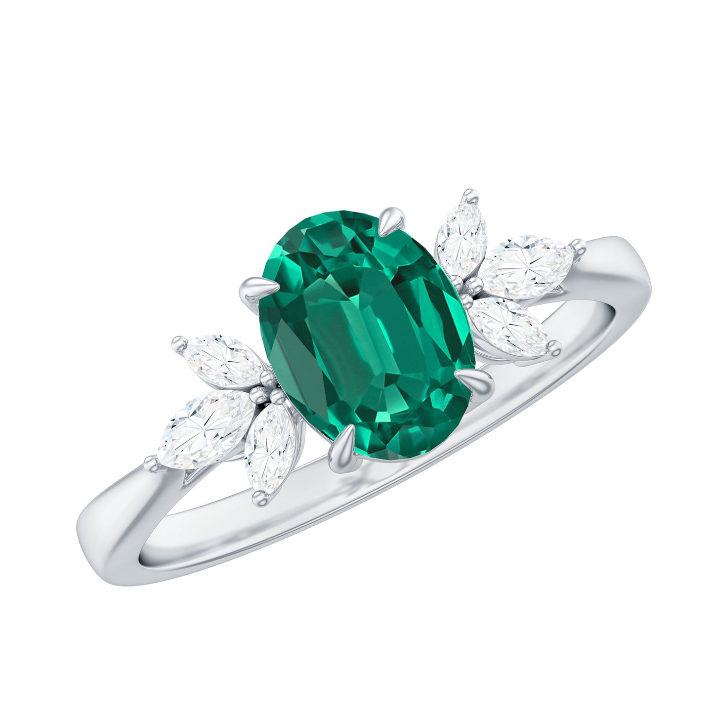 1.25 CT Lab Created Emerald Oval Engagement Ring with Diamond Trio