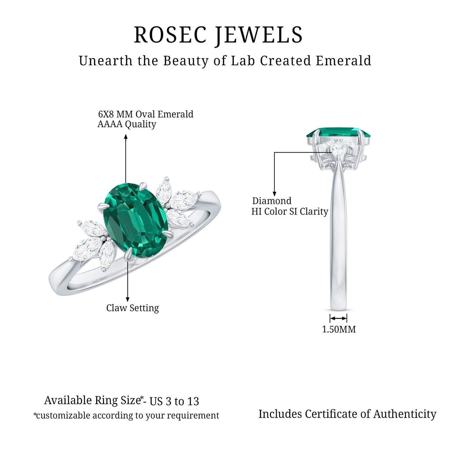 1.25 CT Lab Created Emerald Oval Engagement Ring with Diamond Trio