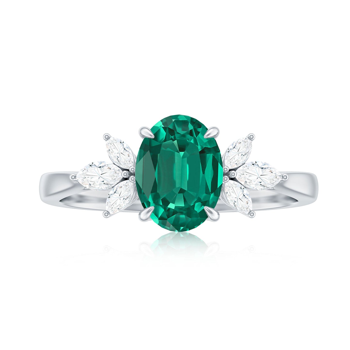 1.25 CT Lab Created Emerald Oval Engagement Ring with Diamond Trio