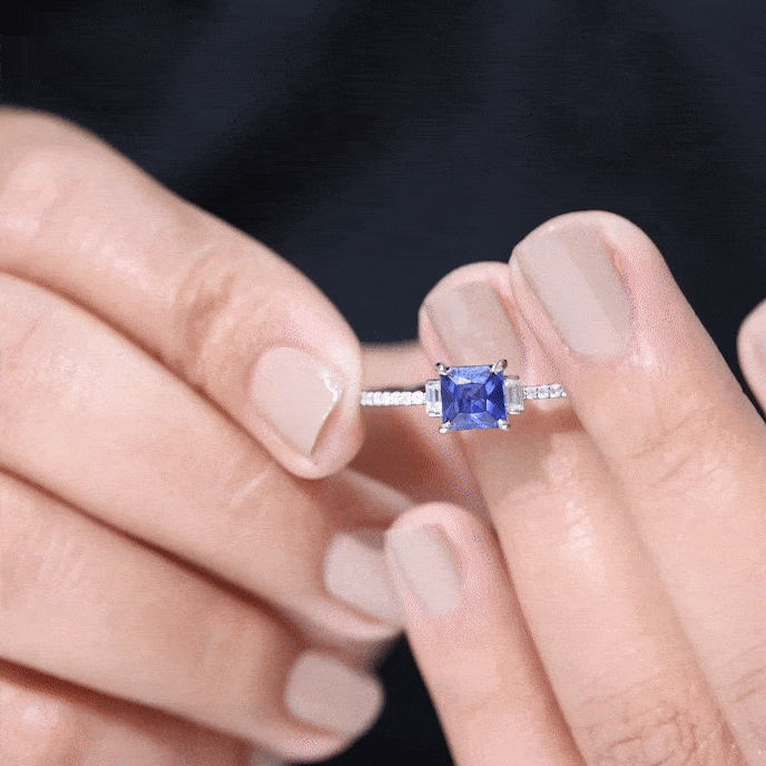 Certified 1 Carat Lab Grown Blue Sapphire Princess Cut Engagement Ring with Diamond