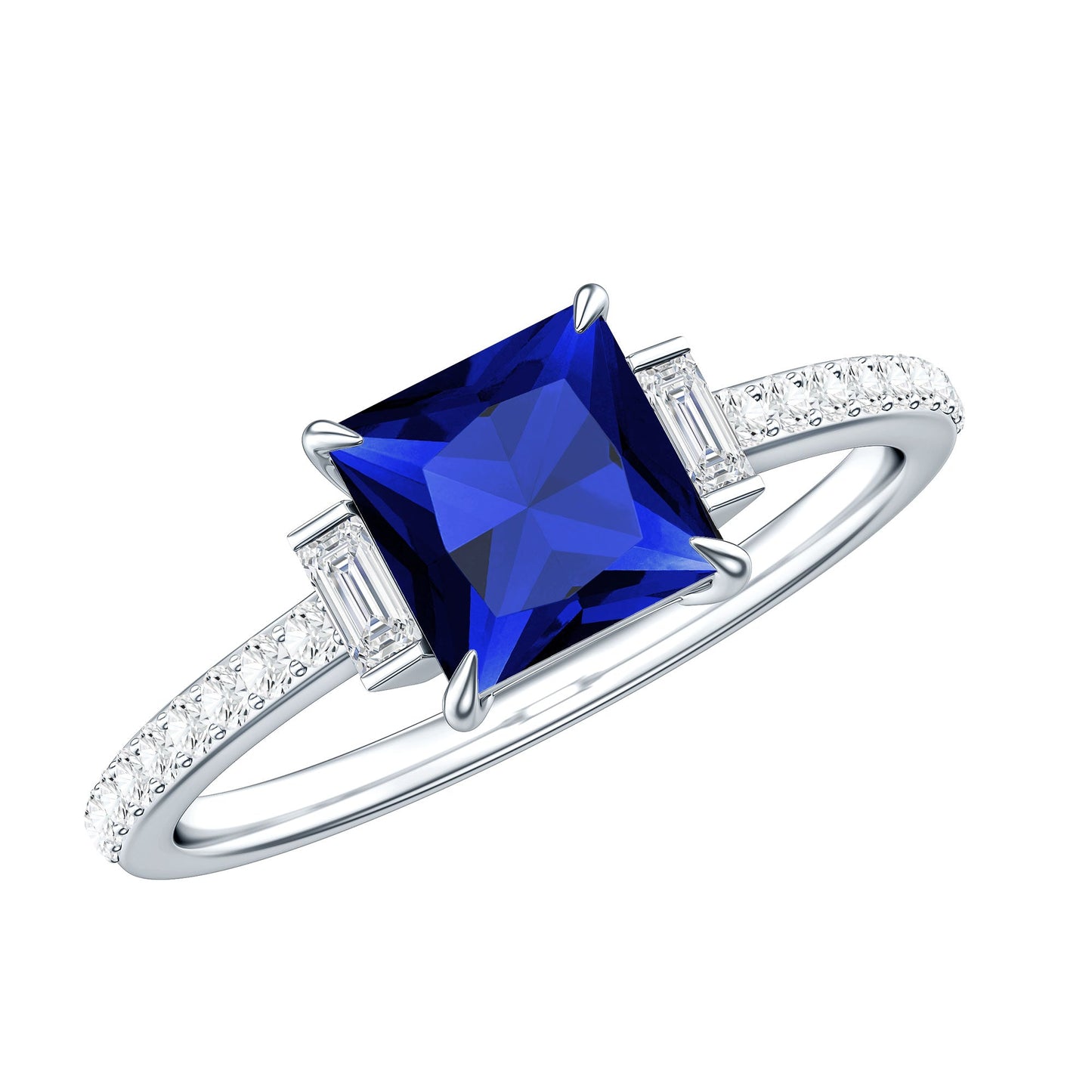 Certified 1 Carat Lab Grown Blue Sapphire Princess Cut Engagement Ring with Diamond