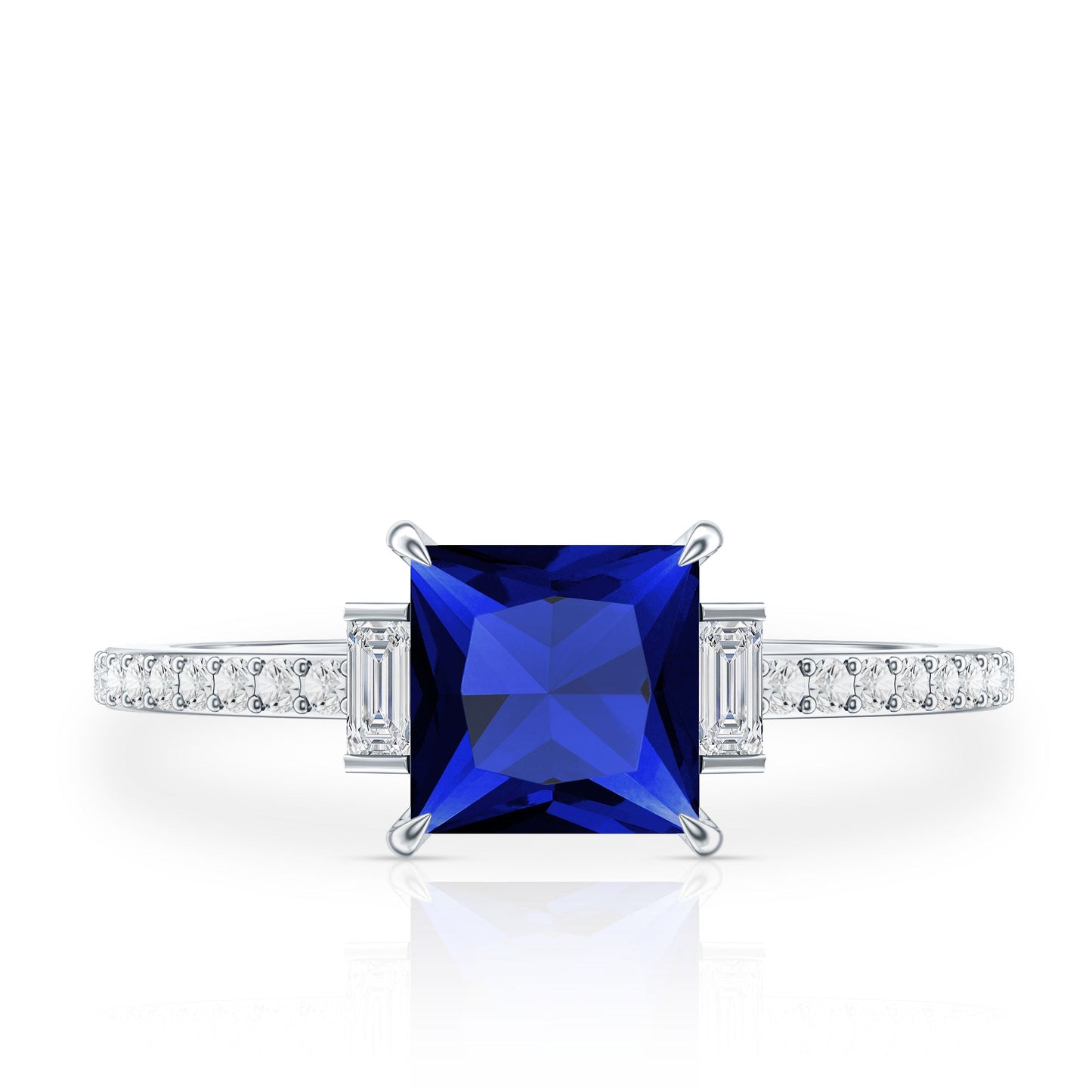 Certified 1 Carat Lab Grown Blue Sapphire Princess Cut Engagement Ring with Diamond