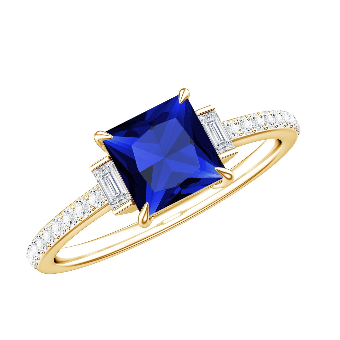 Certified 1 Carat Lab Grown Blue Sapphire Princess Cut Engagement Ring with Diamond