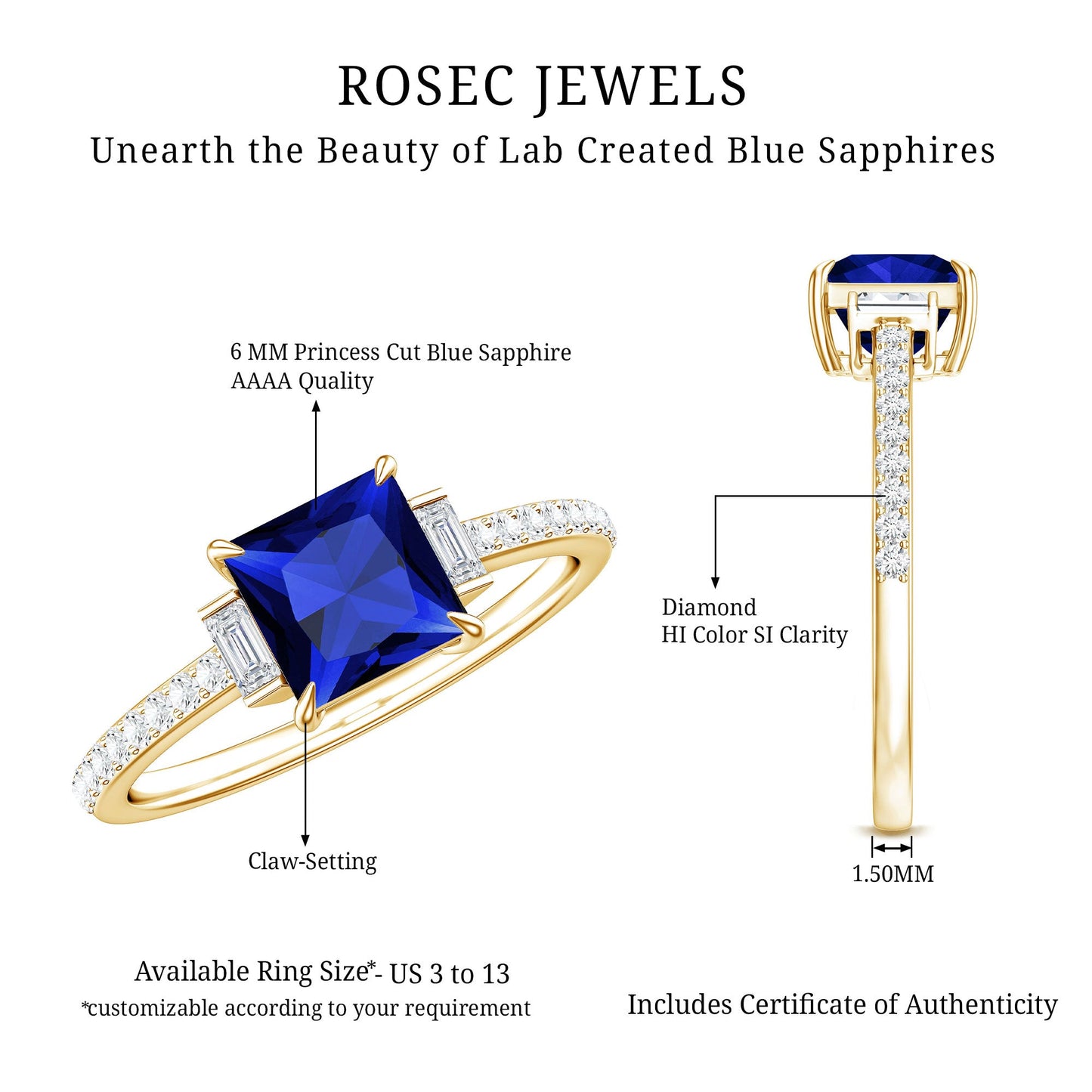 Certified 1 Carat Lab Grown Blue Sapphire Princess Cut Engagement Ring with Diamond