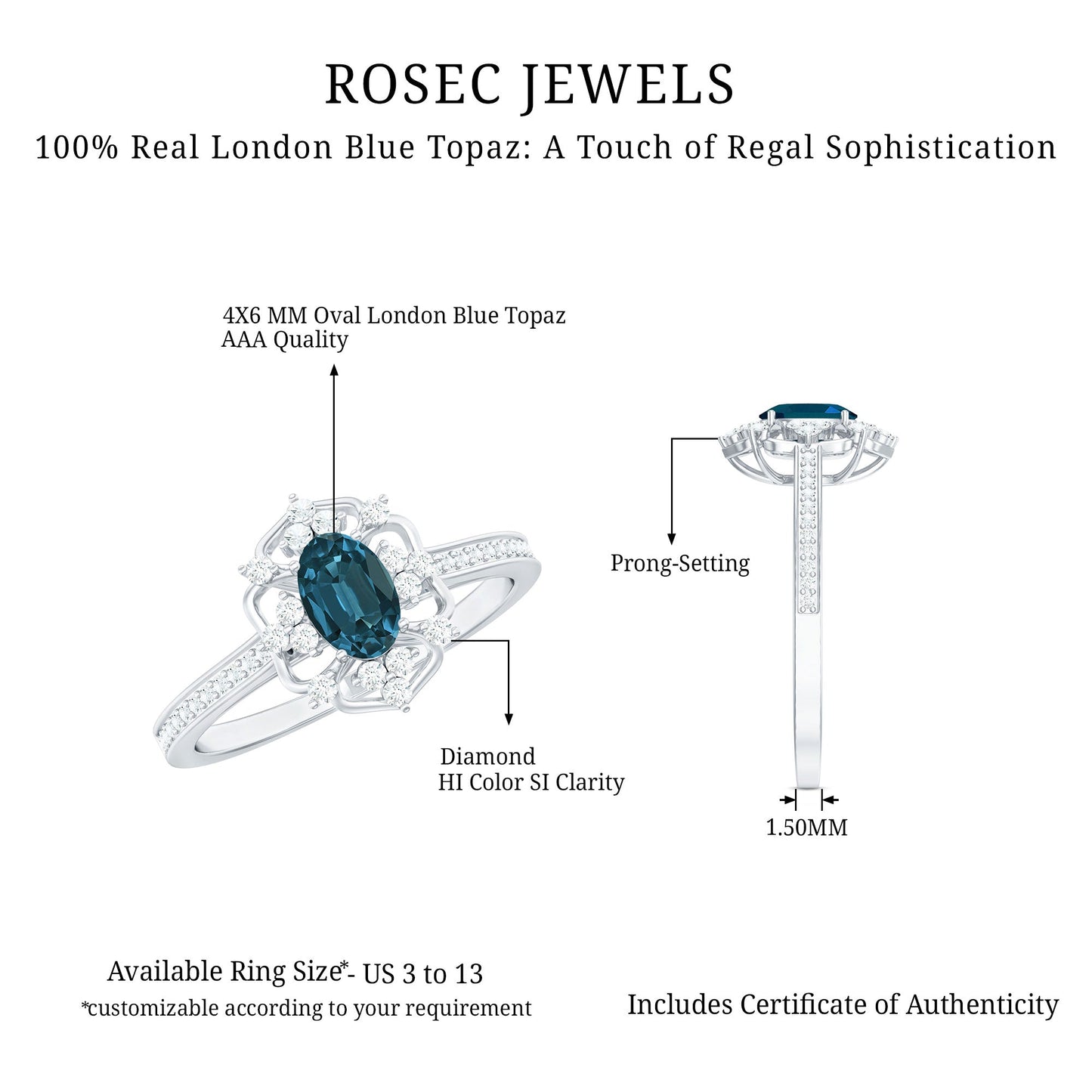 4X6mm Oval Cut London Blue Topaz Vintage Engagement Ring with Diamond