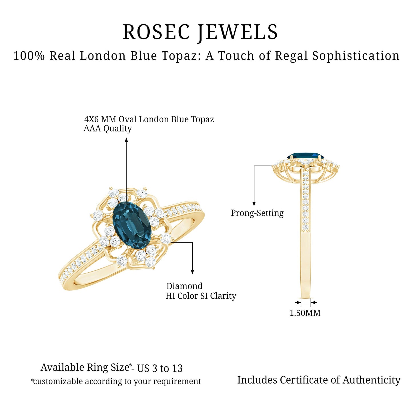 4X6mm Oval Cut London Blue Topaz Vintage Engagement Ring with Diamond