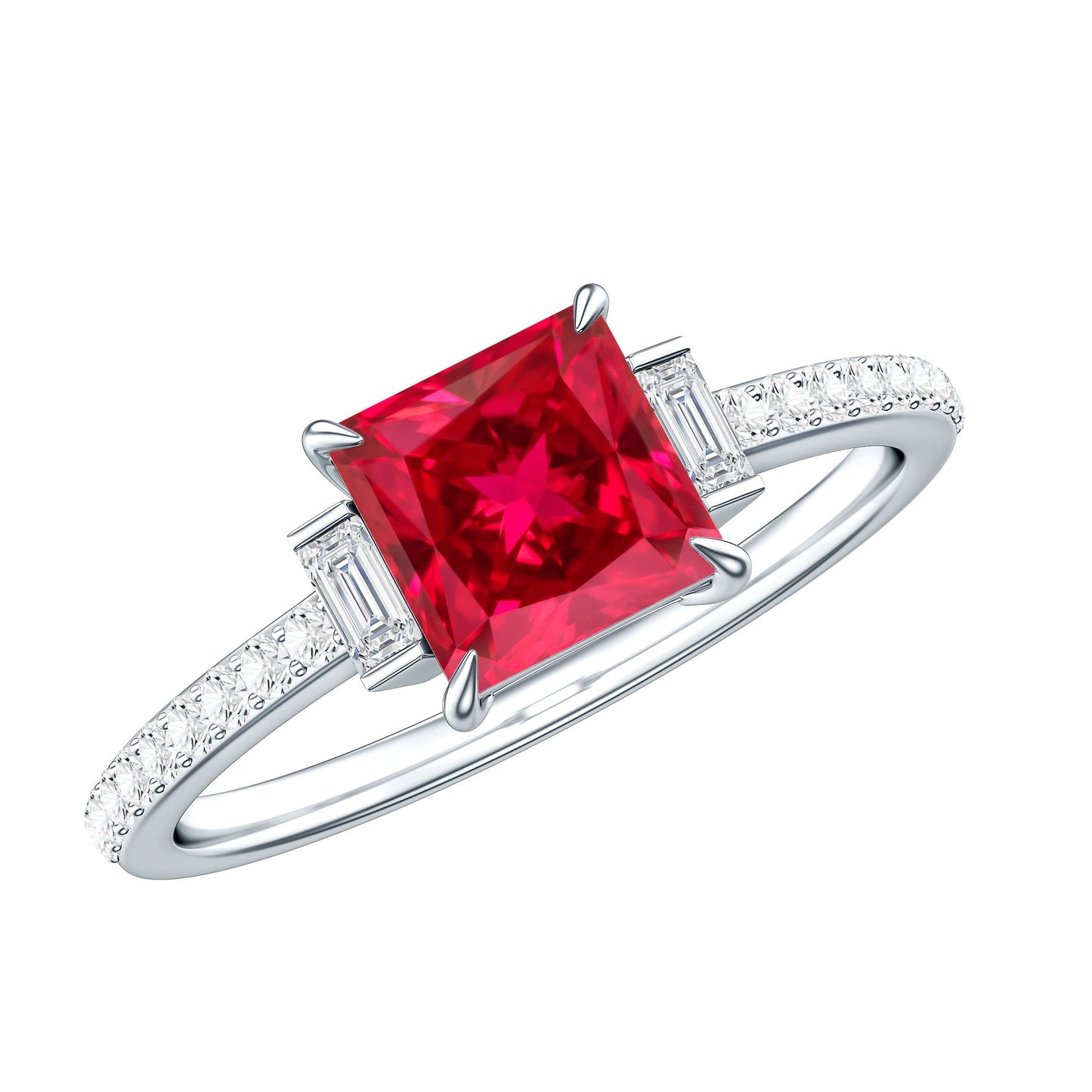 Claw Set Created Ruby Engagement Ring With Diamond