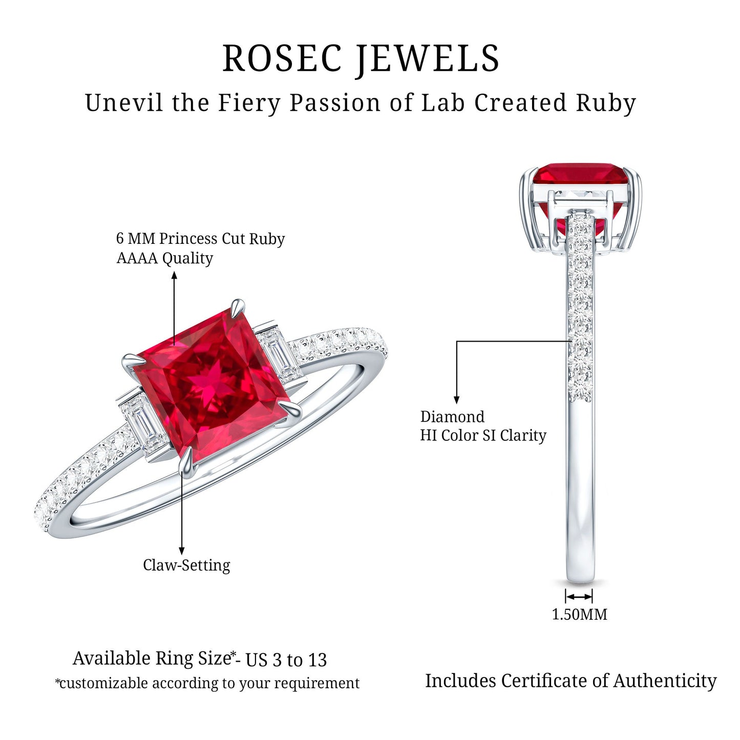 Claw Set Created Ruby Engagement Ring With Diamond