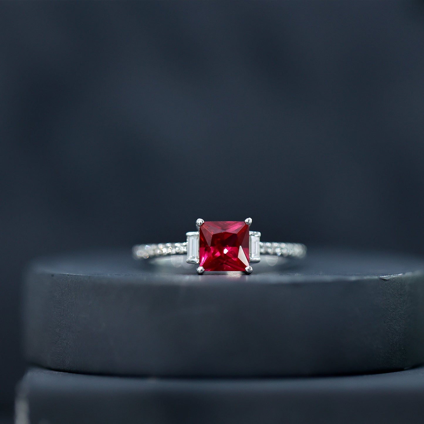 Claw Set Created Ruby Engagement Ring With Diamond