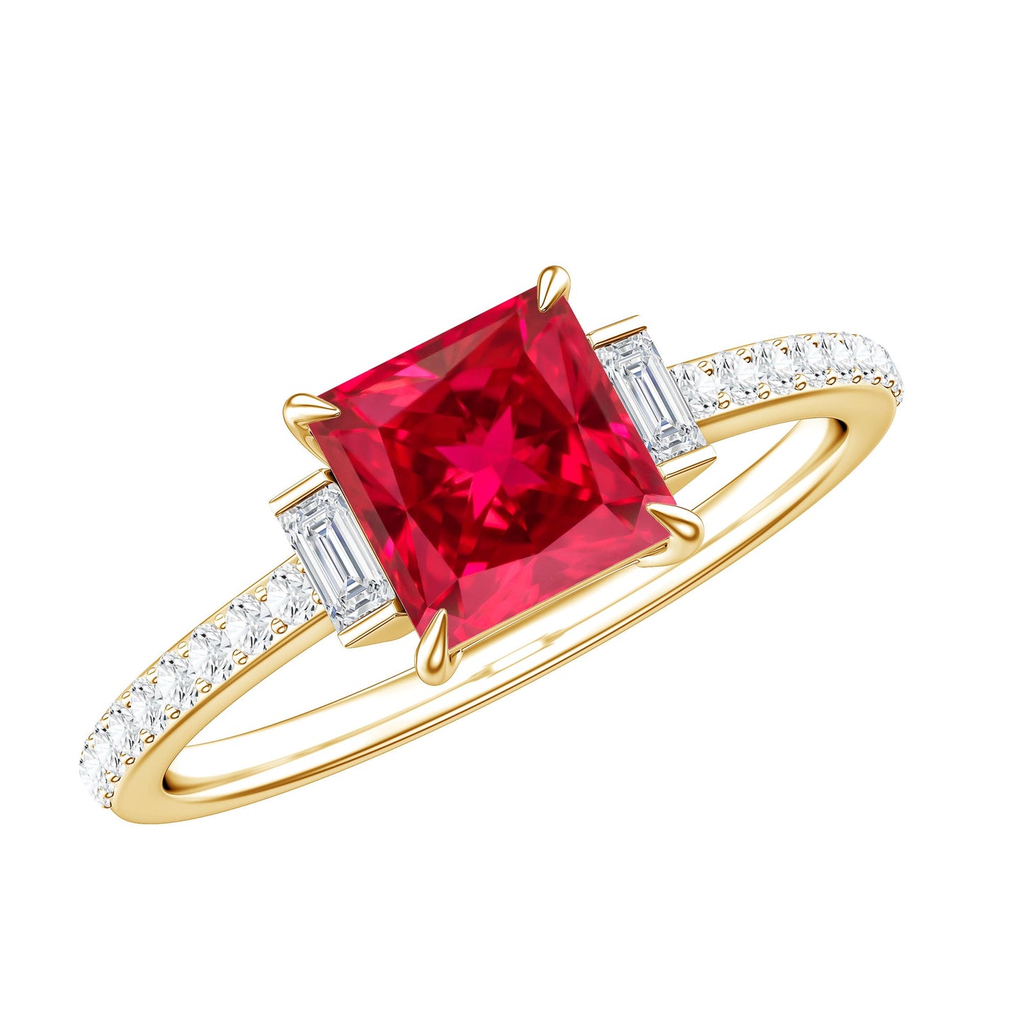Claw Set Created Ruby Engagement Ring With Diamond