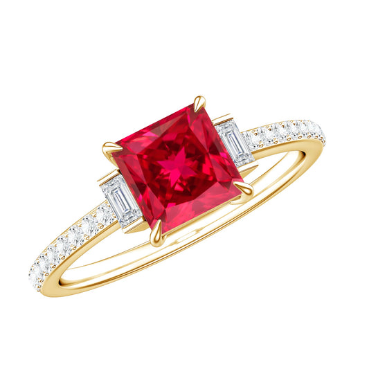 Claw Set Created Ruby Engagement Ring With Diamond
