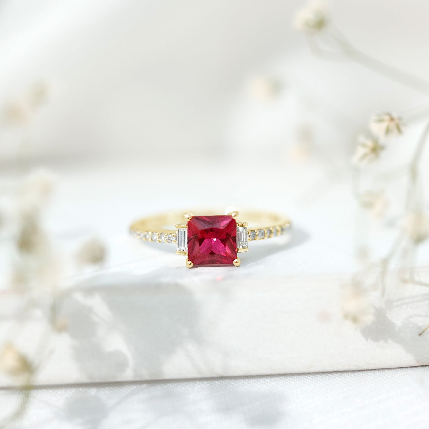 Claw Set Created Ruby Engagement Ring With Diamond