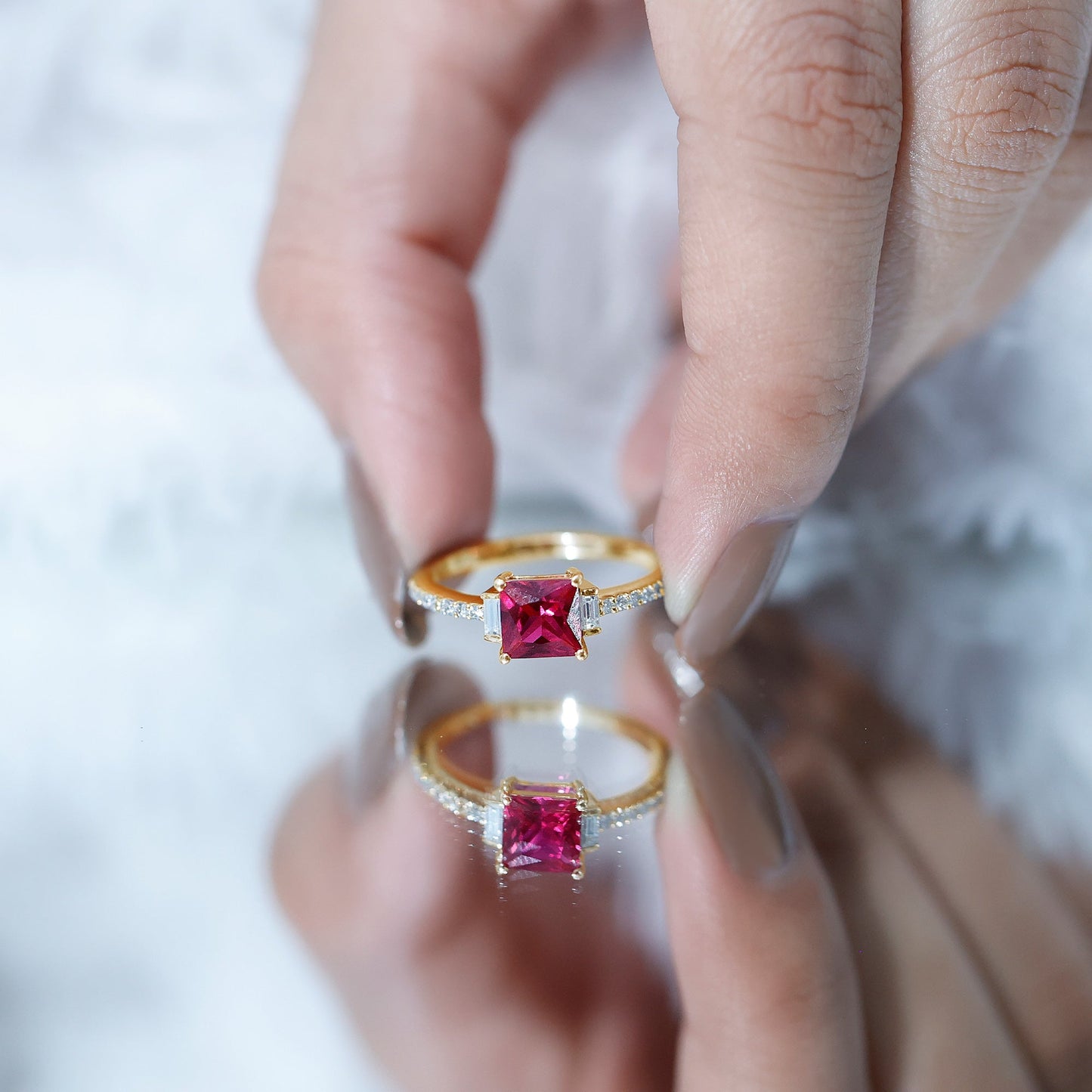 Claw Set Created Ruby Engagement Ring With Diamond