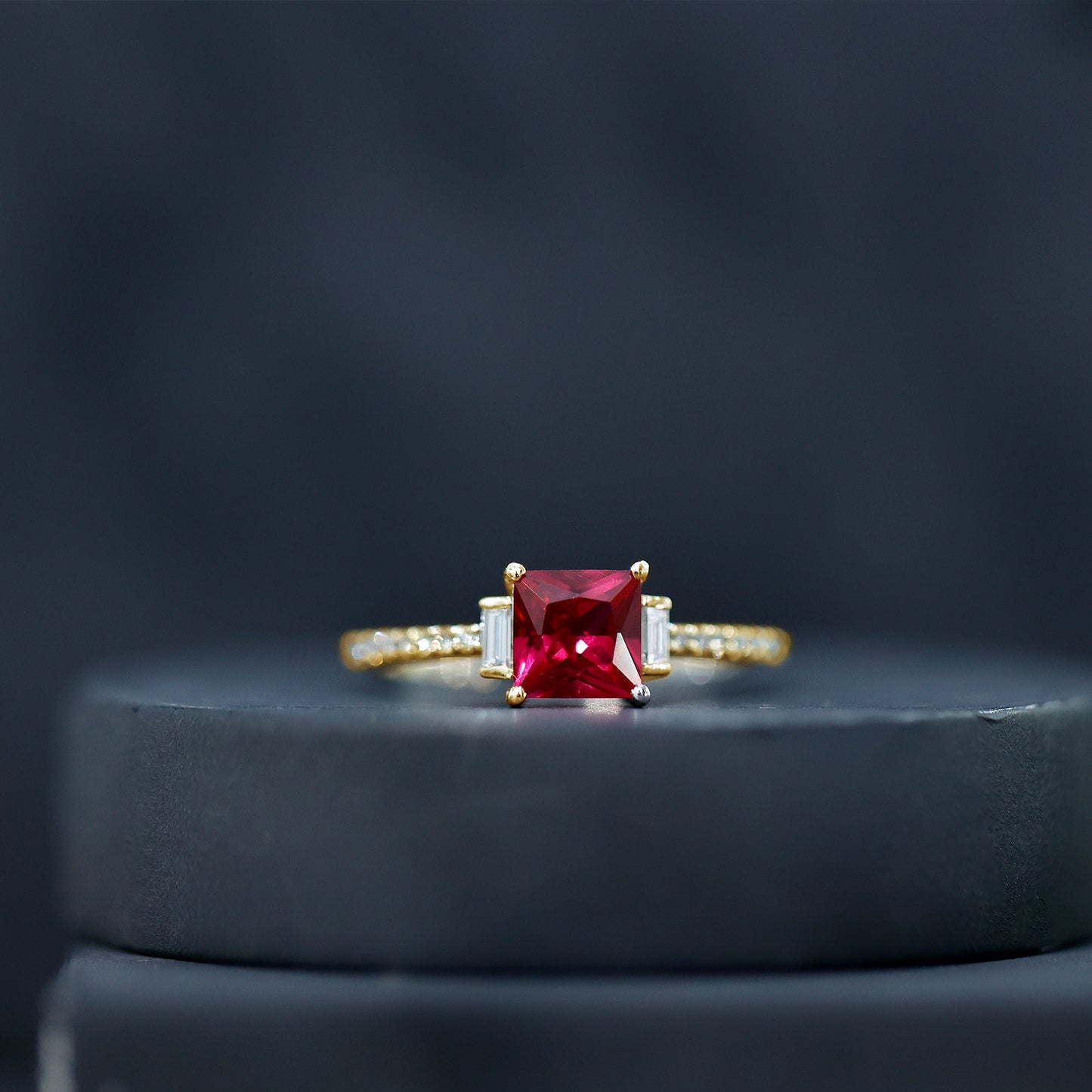 Claw Set Created Ruby Engagement Ring With Diamond