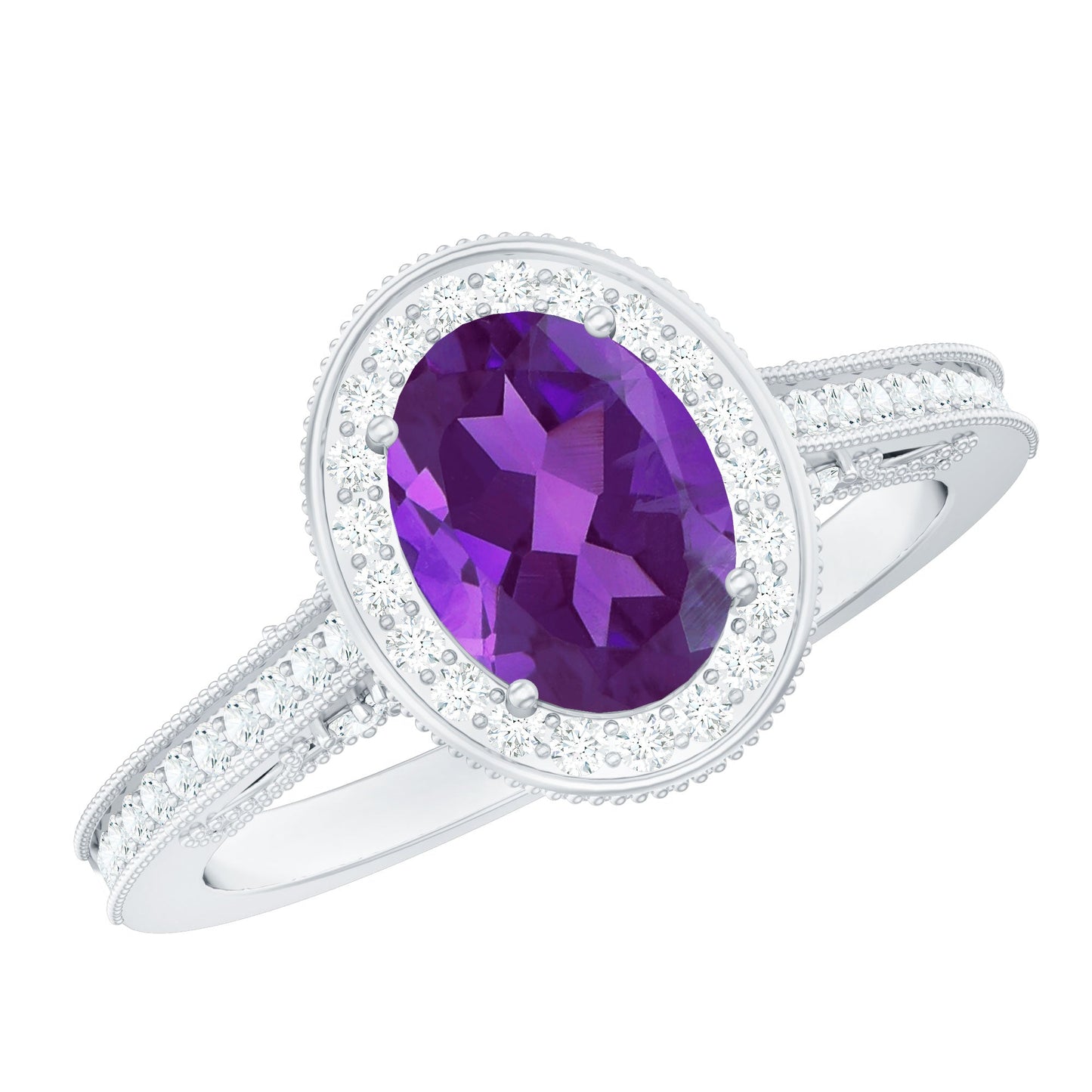 Vintage Inspired Oval Amethyst Engagement Ring with Diamond