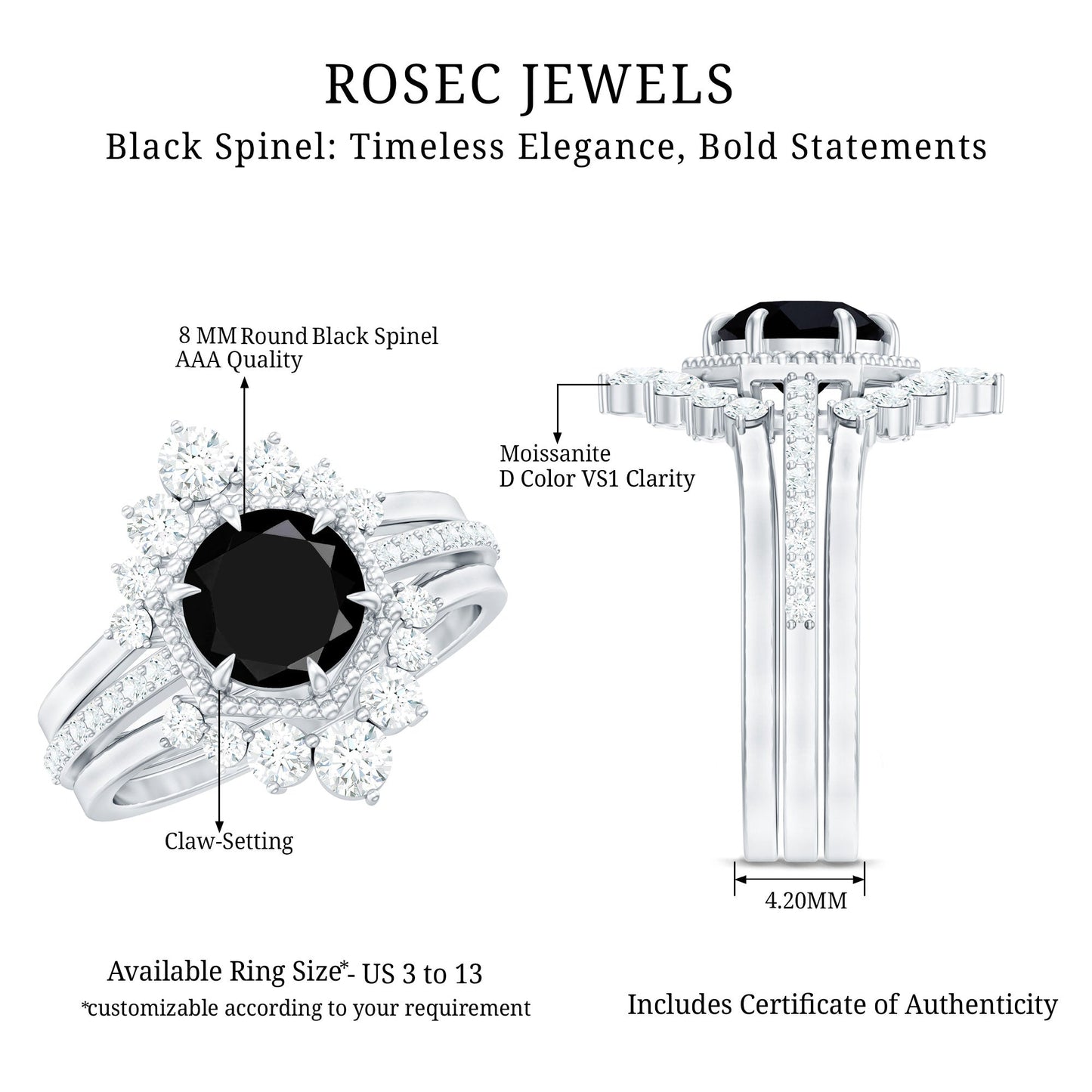 Vintage Style Black Spinel 3 Piece Ring Set with Moissanite