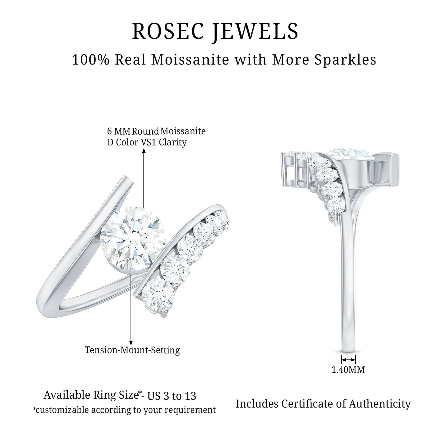 6 MM Certified Round Moissanite Bypass Engagement Ring