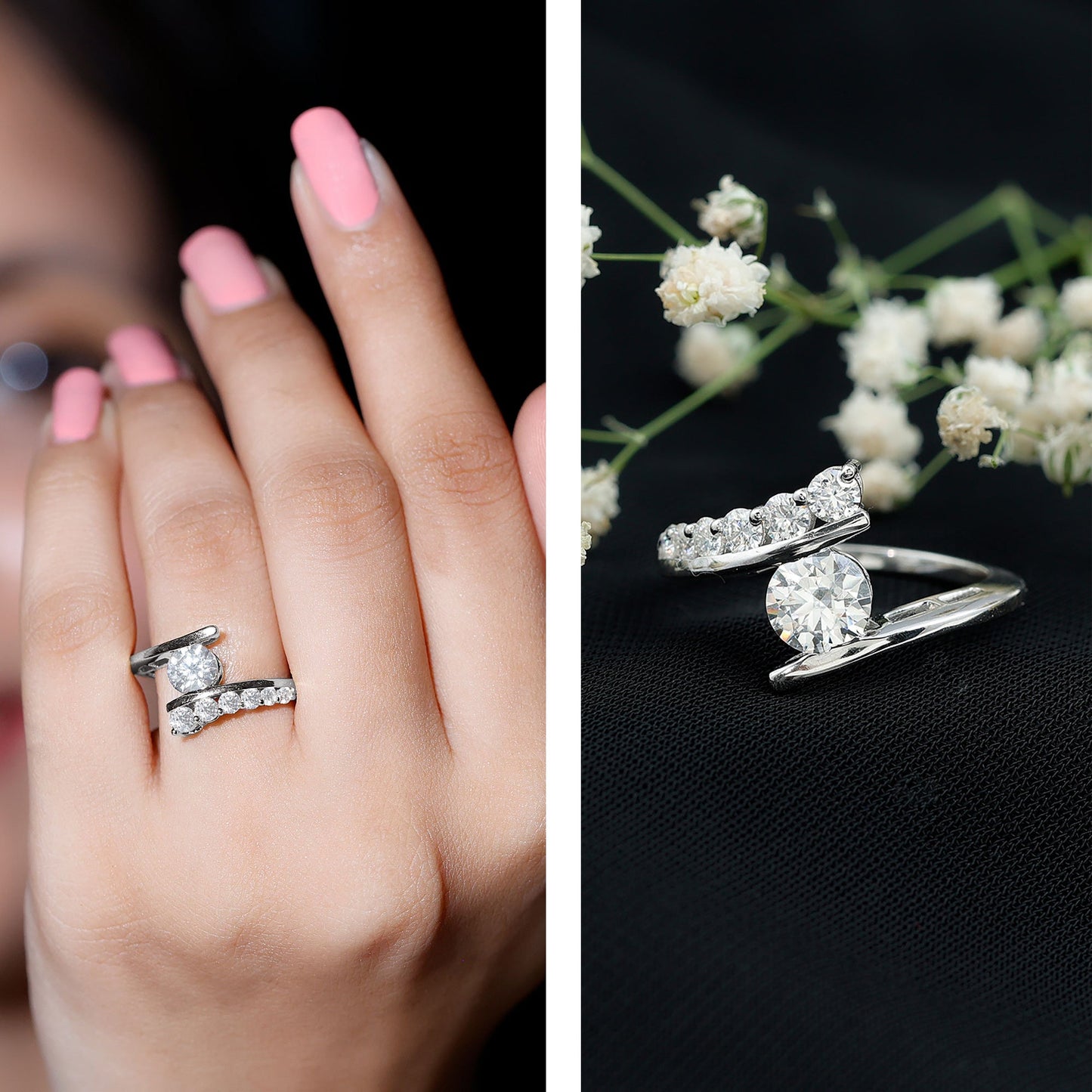 6 MM Certified Round Moissanite Bypass Engagement Ring