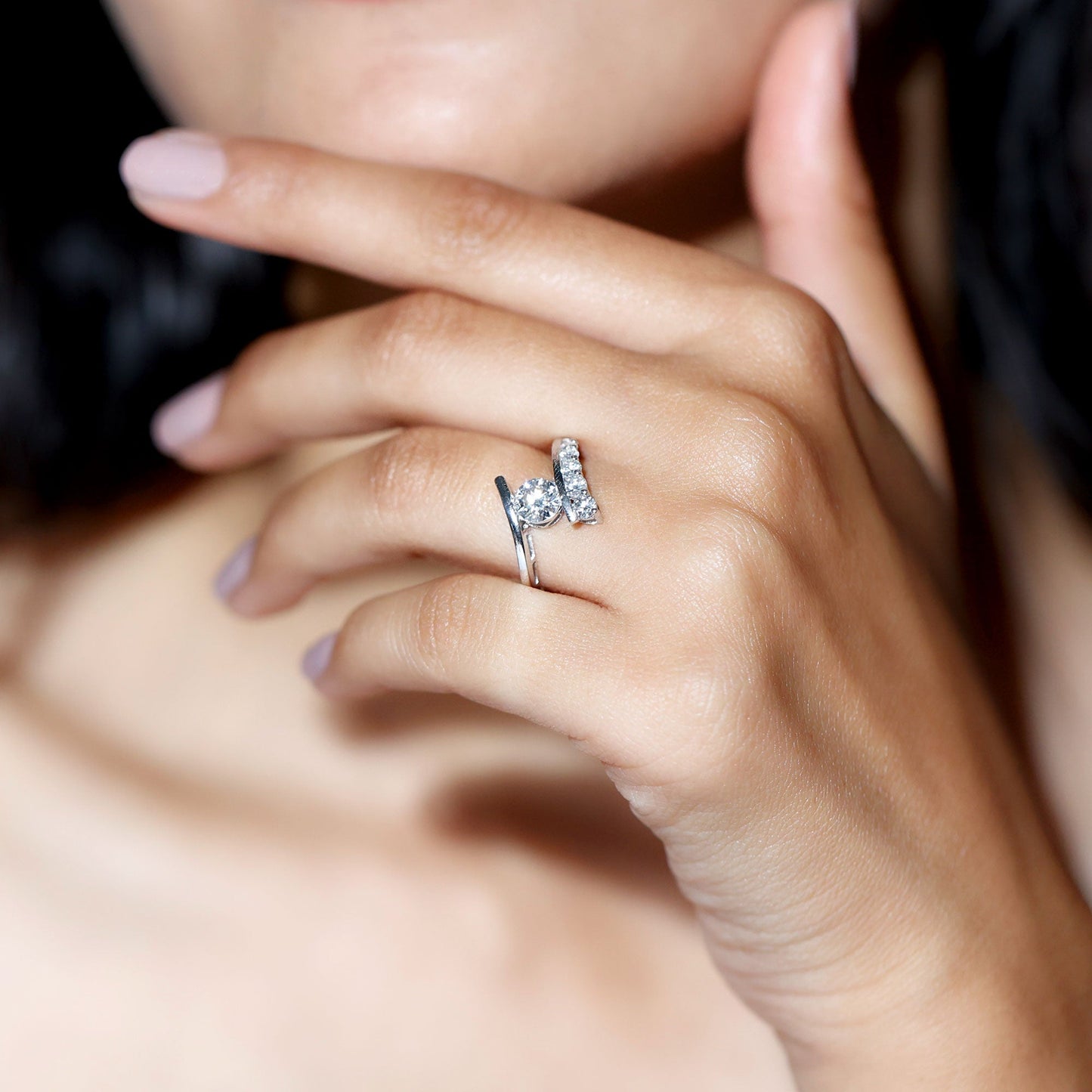 6 MM Certified Round Moissanite Bypass Engagement Ring
