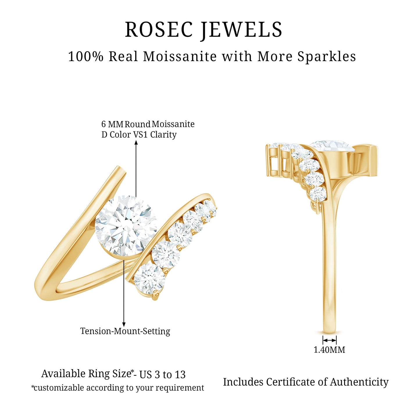 6 MM Certified Round Moissanite Bypass Engagement Ring