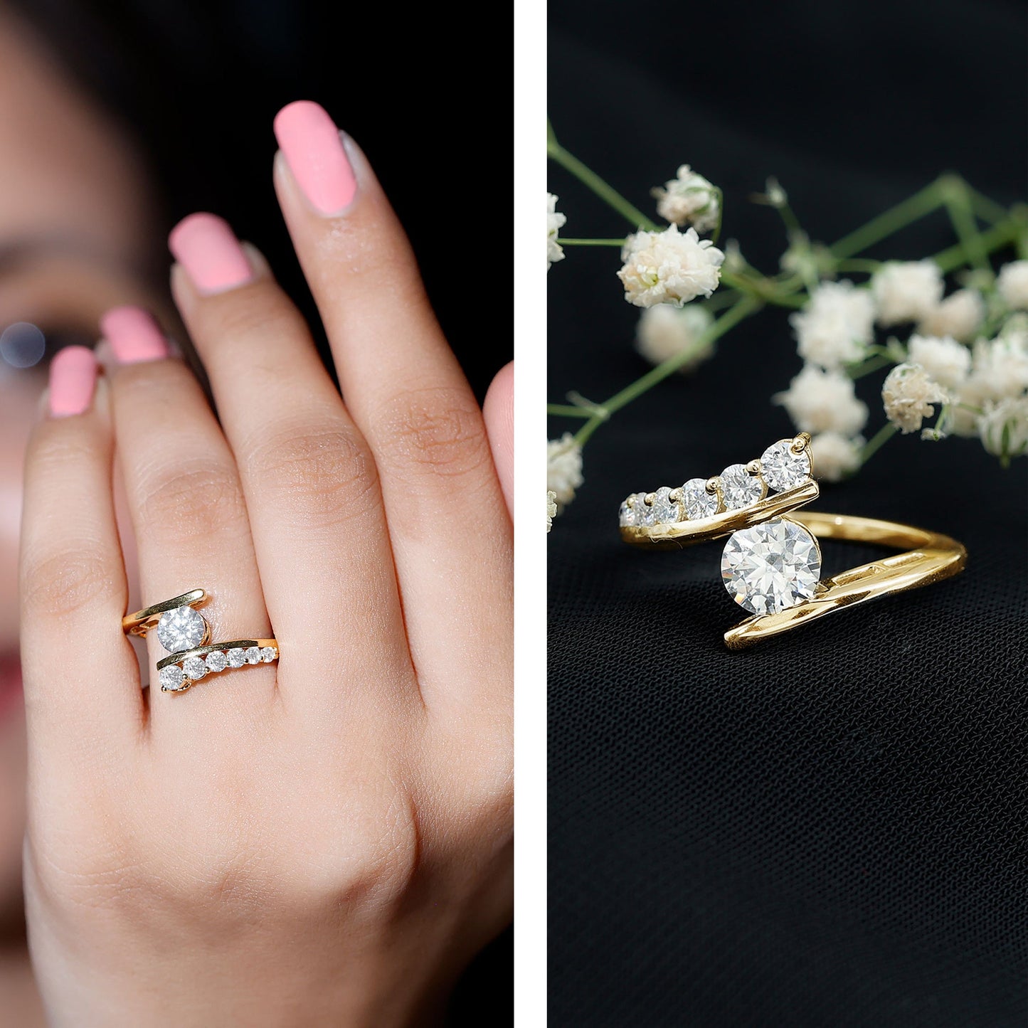 6 MM Certified Round Moissanite Bypass Engagement Ring