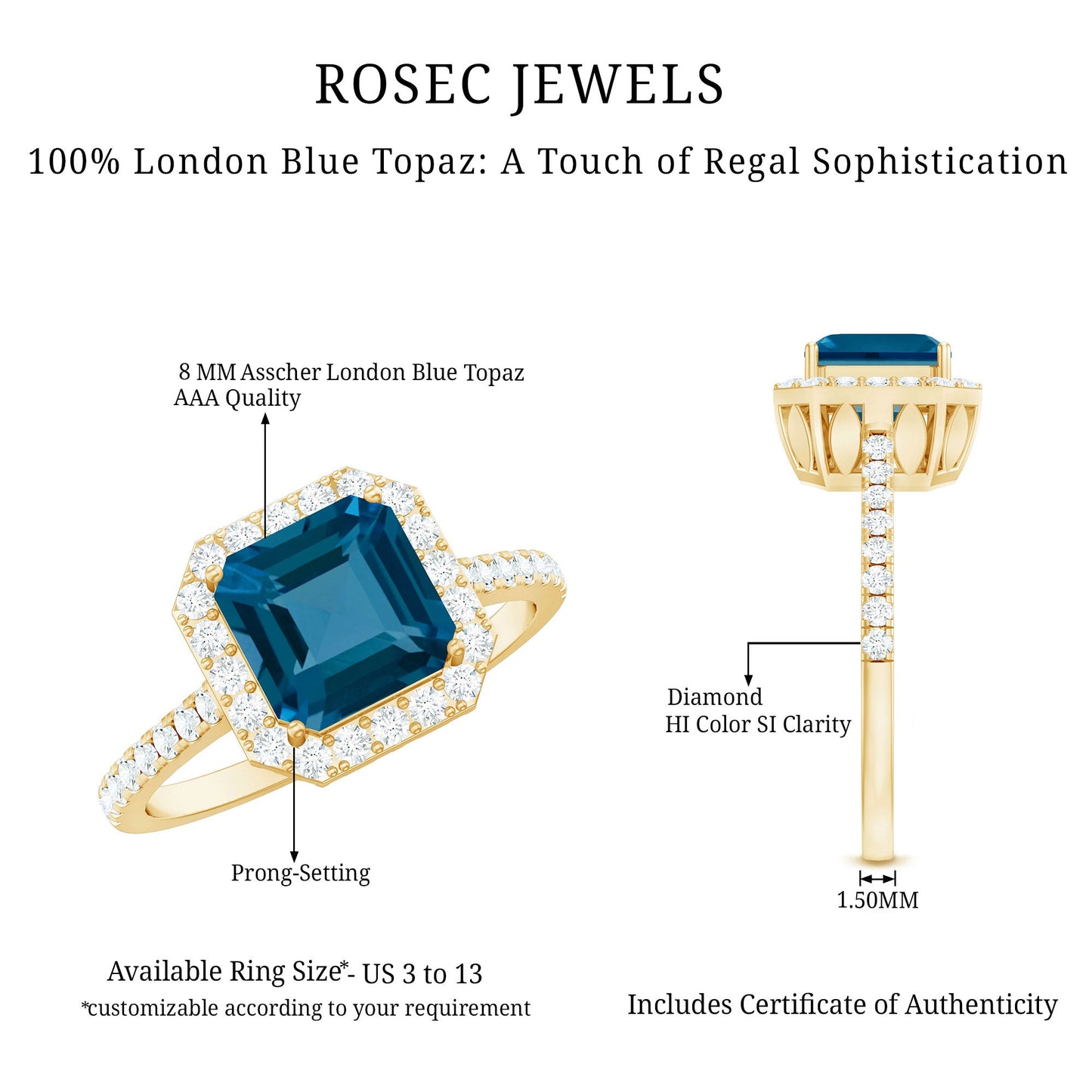 Real 8mm London Blue Topaz Asscher Cut Engagement Ring with Diamond