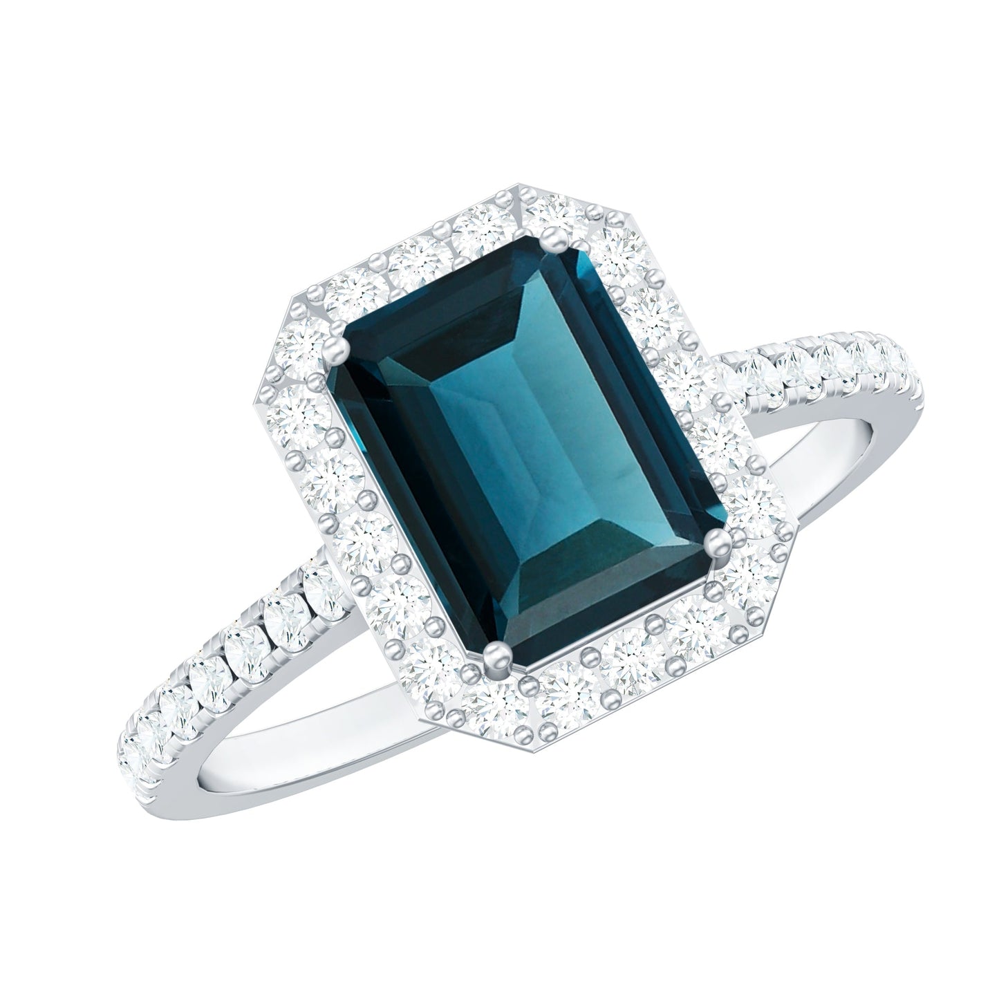 6X8mm Emerald Cut London Blue Topaz Engagement Ring with Diamond Halo