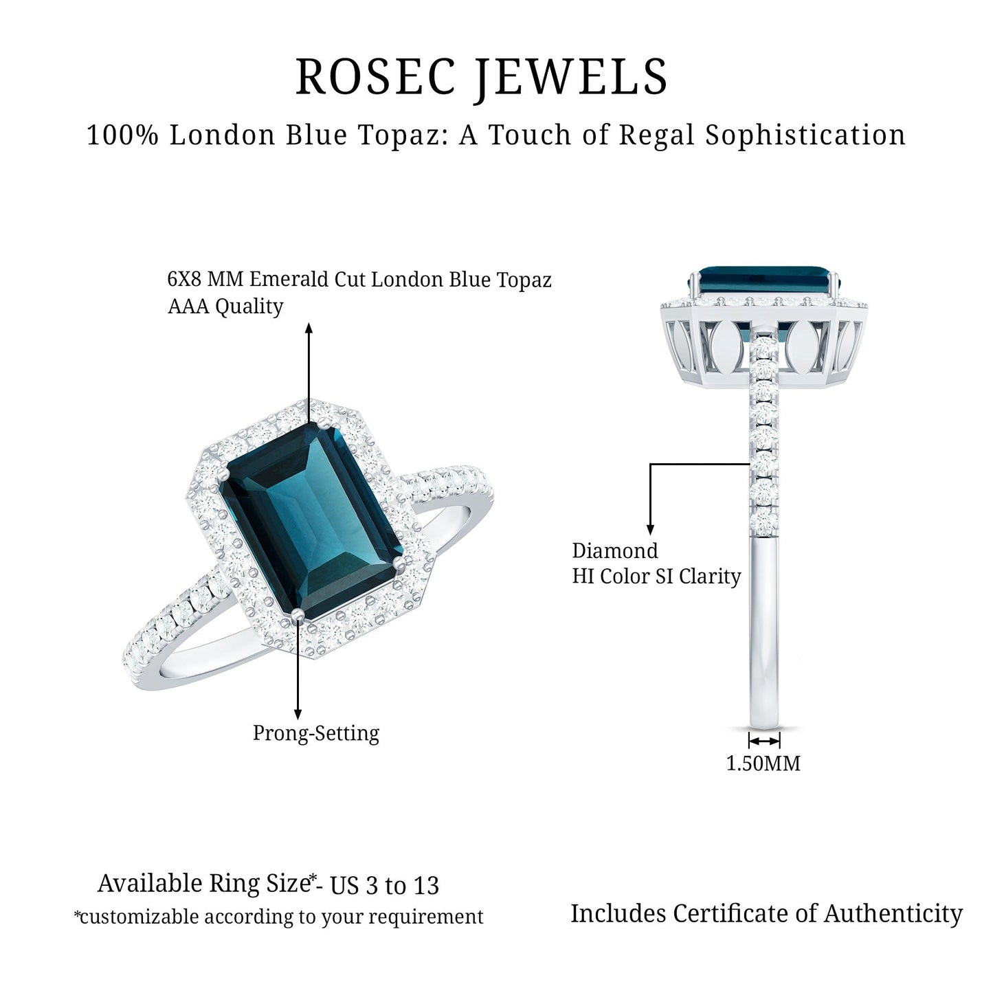 6X8mm Emerald Cut London Blue Topaz Engagement Ring with Diamond Halo