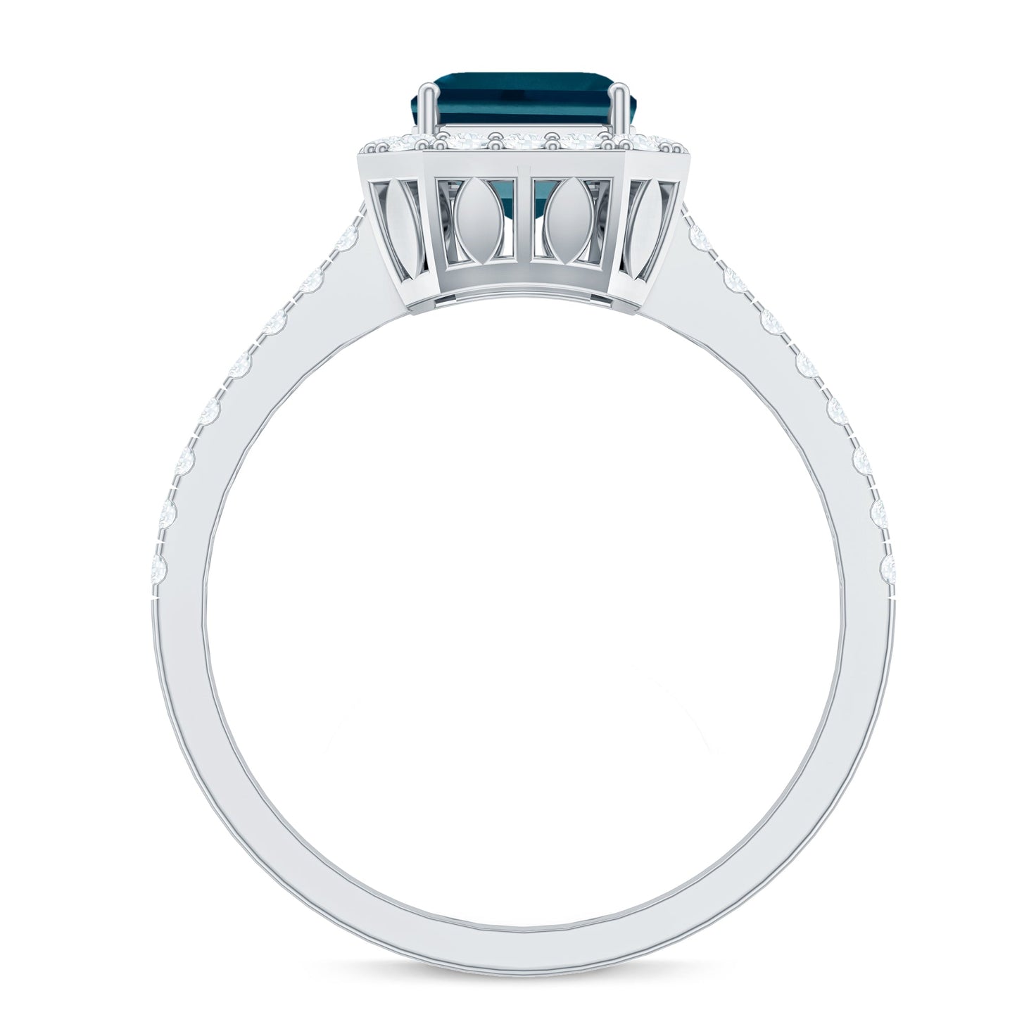 6X8mm Emerald Cut London Blue Topaz Engagement Ring with Diamond Halo