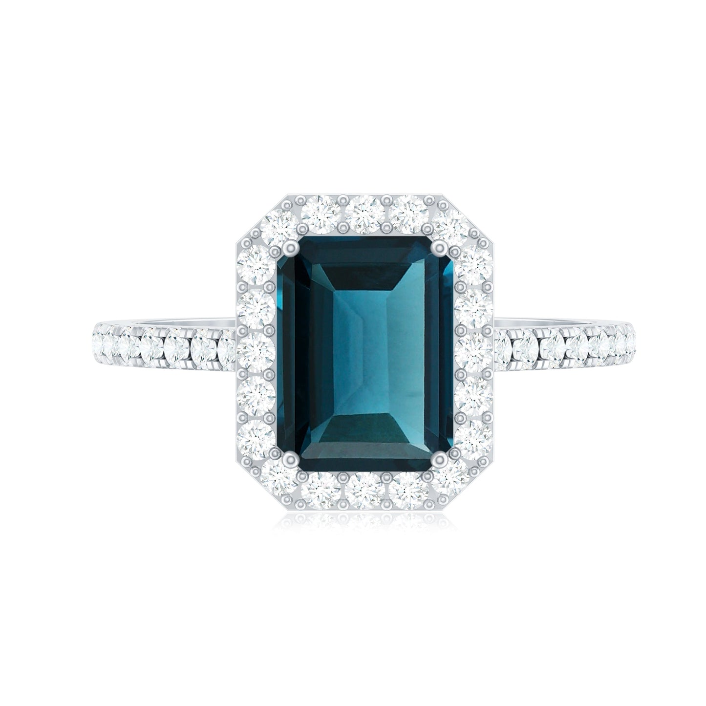 6X8mm Emerald Cut London Blue Topaz Engagement Ring with Diamond Halo