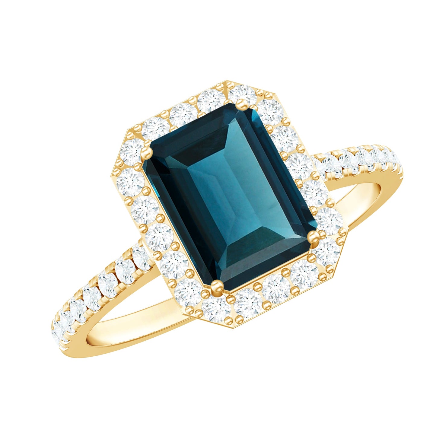 6X8mm Emerald Cut London Blue Topaz Engagement Ring with Diamond Halo