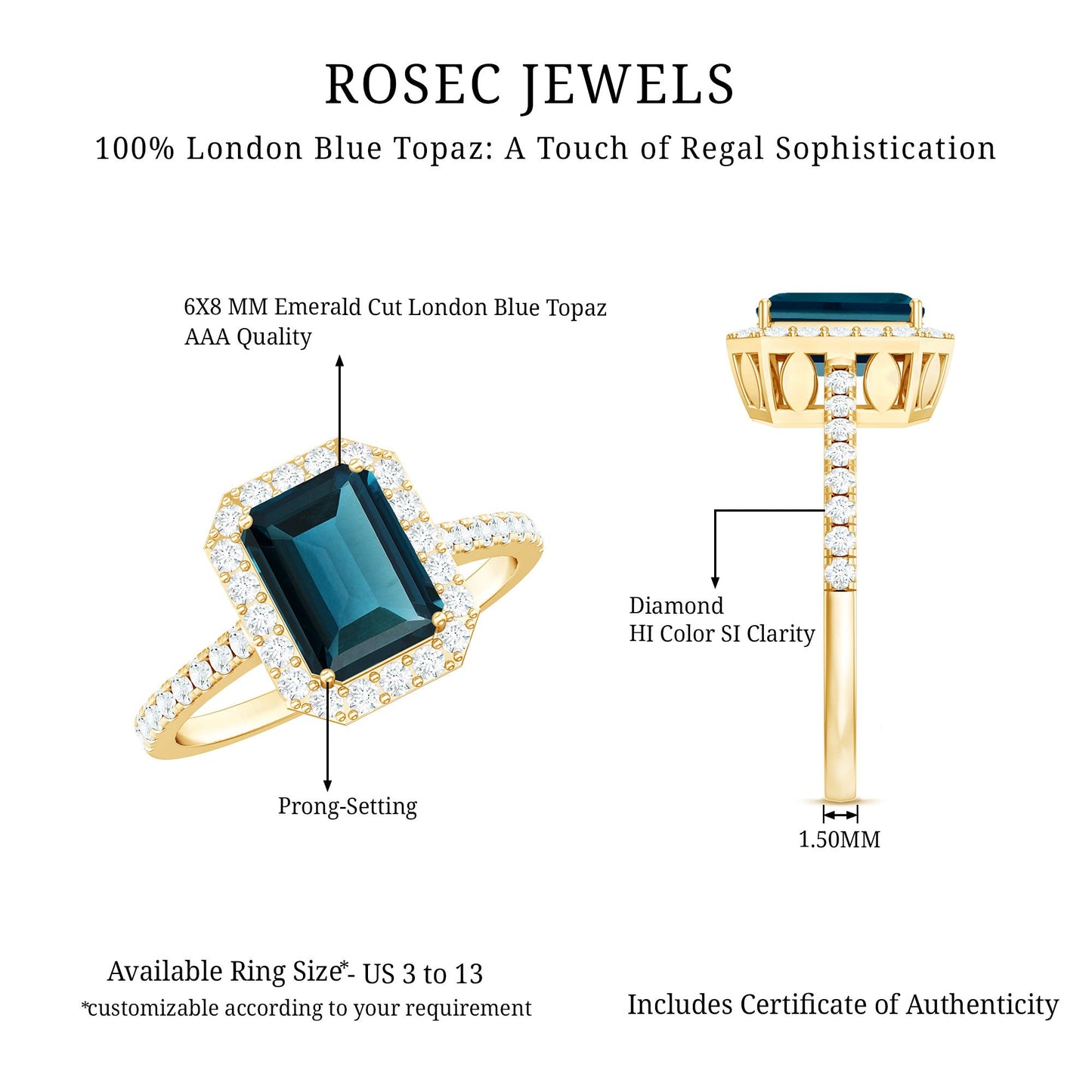 6X8mm Emerald Cut London Blue Topaz Engagement Ring with Diamond Halo
