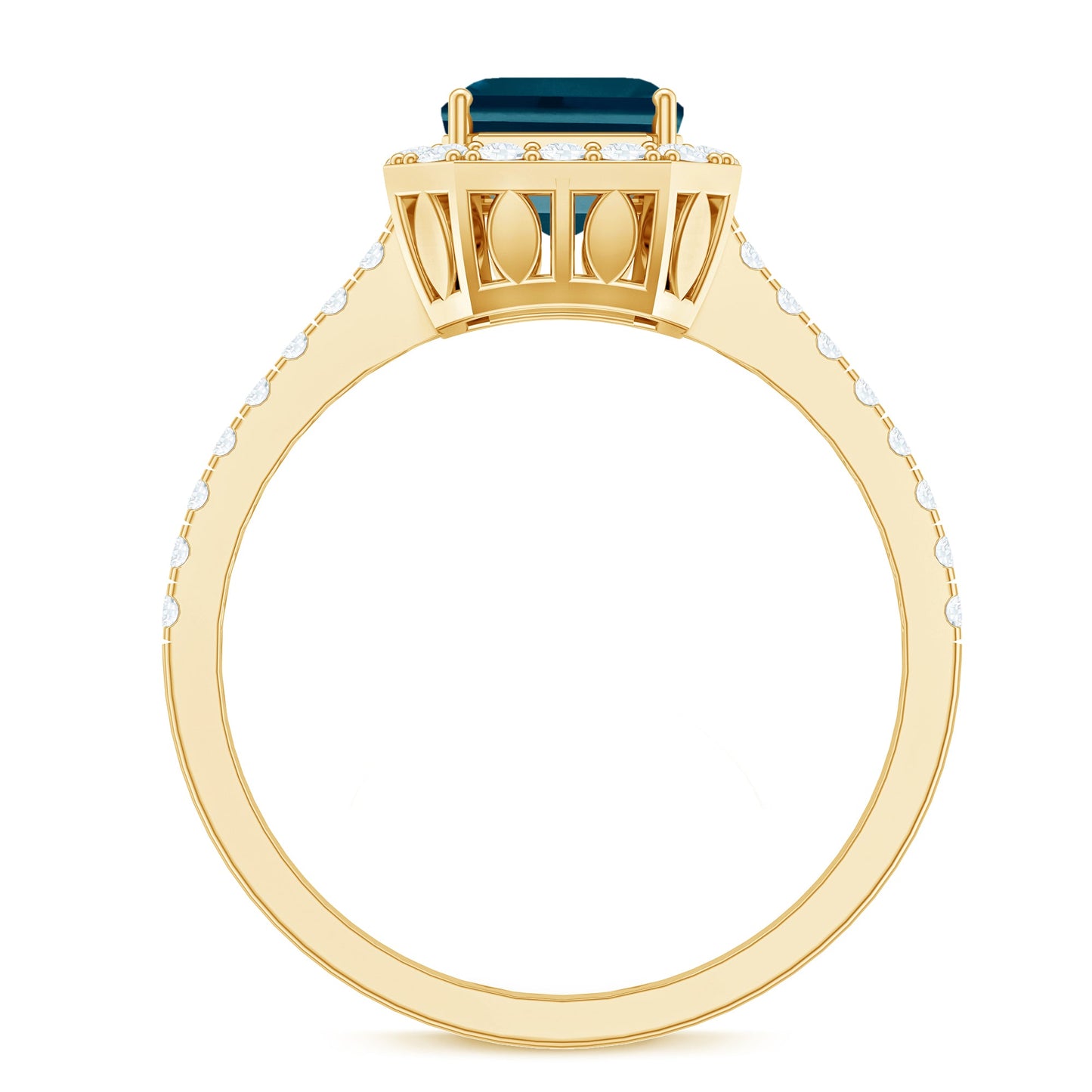6X8mm Emerald Cut London Blue Topaz Engagement Ring with Diamond Halo