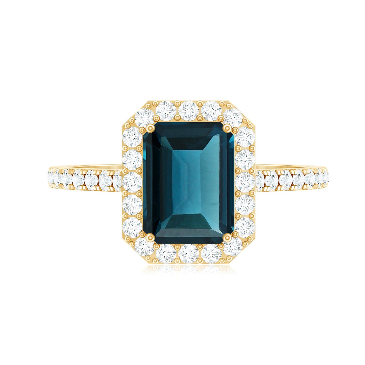 6X8mm Emerald Cut London Blue Topaz Engagement Ring with Diamond Halo