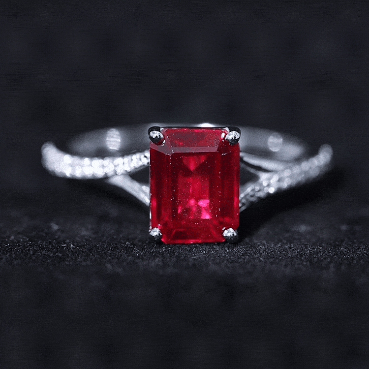 Emerald Cut Lab Grown Ruby and Diamond Ring with Split Shank