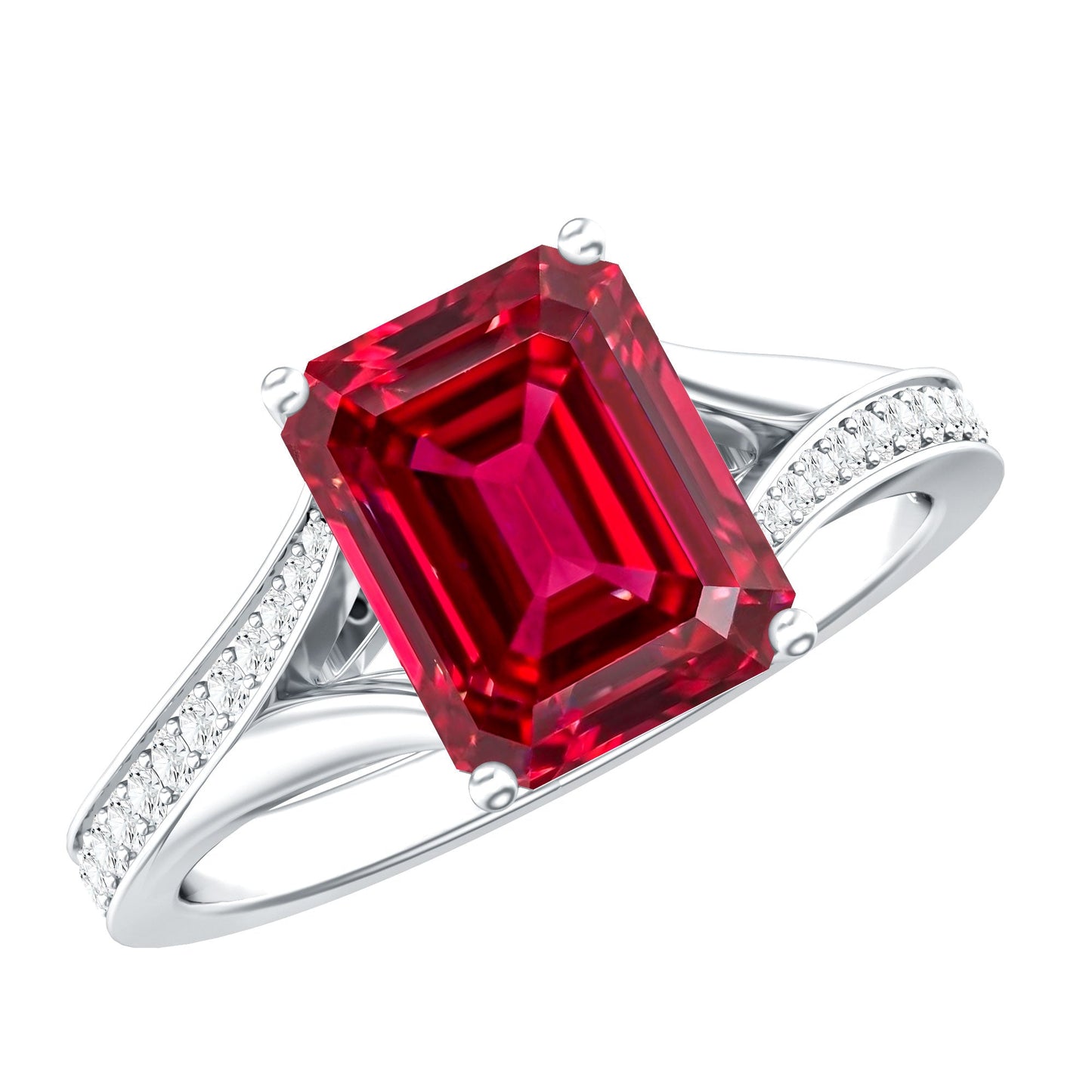 Emerald Cut Lab Grown Ruby and Diamond Ring with Split Shank