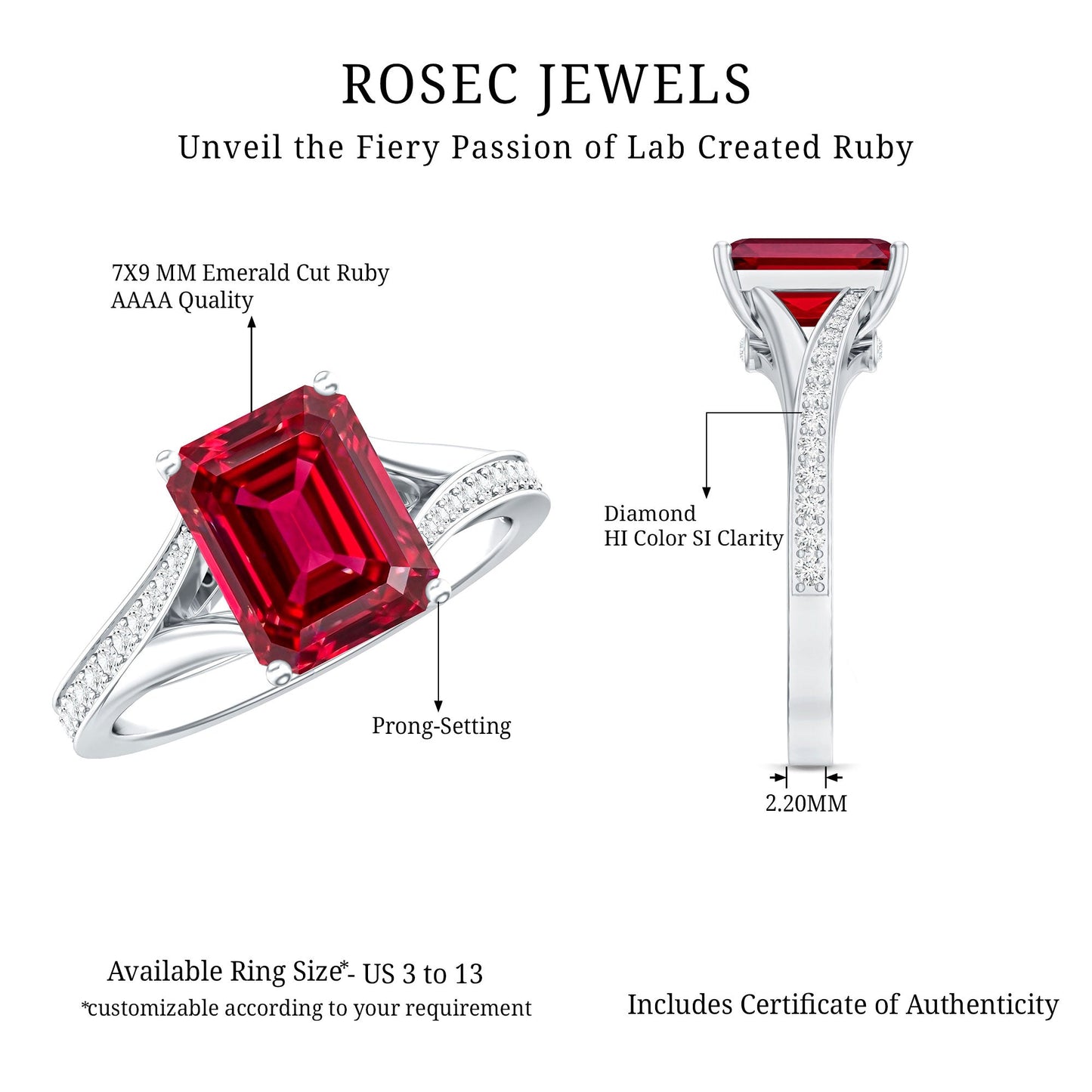 Emerald Cut Lab Grown Ruby and Diamond Ring with Split Shank