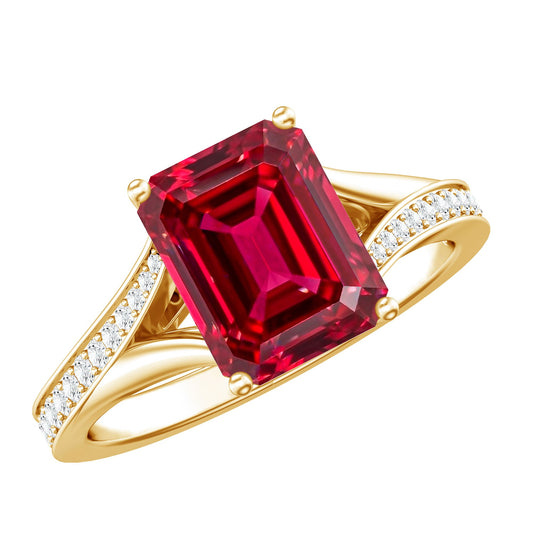 Emerald Cut Lab Grown Ruby and Diamond Ring with Split Shank
