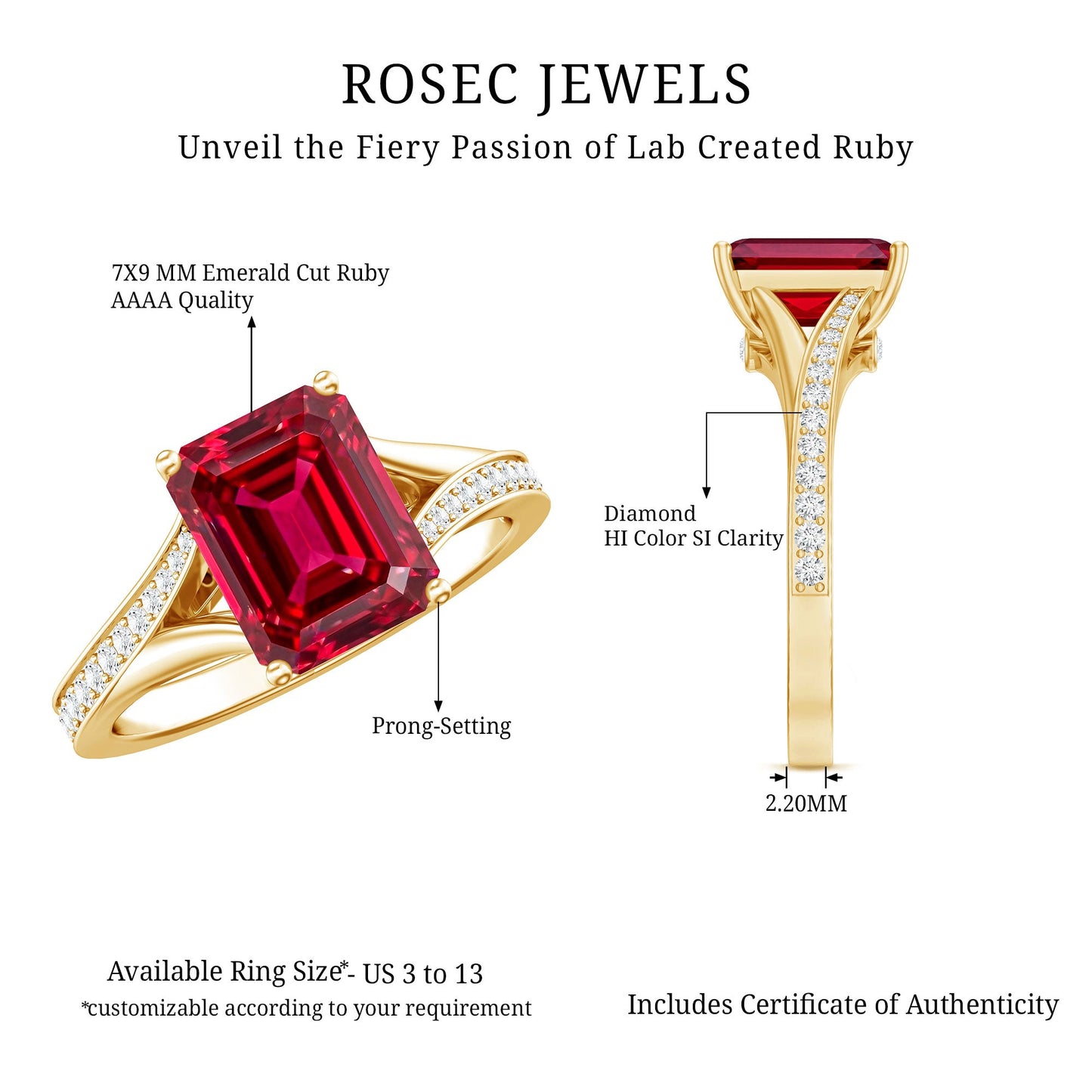 Emerald Cut Lab Grown Ruby and Diamond Ring with Split Shank